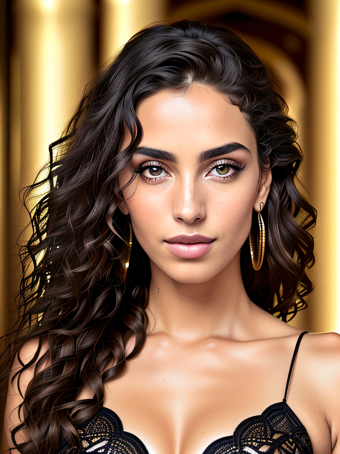 (Imaan Hammam) Face portrait of a moroccan woman with long dark brown curly hair, light brown skin and detailed seductive eyes, wearing a black dress, at the cinema, best quality masterpiece, photorealistic, detailed, 8k, HDR, shallow depth of field, wide light, high contrast, backlighting, bloom, light glows, chromatic aberration, sharp focus, RAW color photo