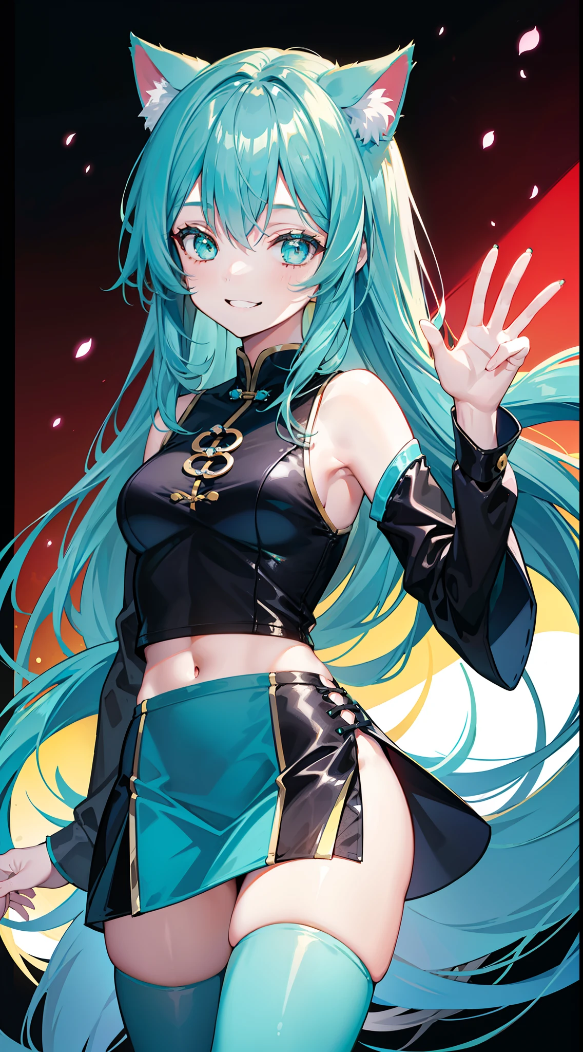 young girl, long turquoise hair, turquoise eyes, cat ears, Smile, black chinese tight top, upskirt, Masterpiece, hiquality