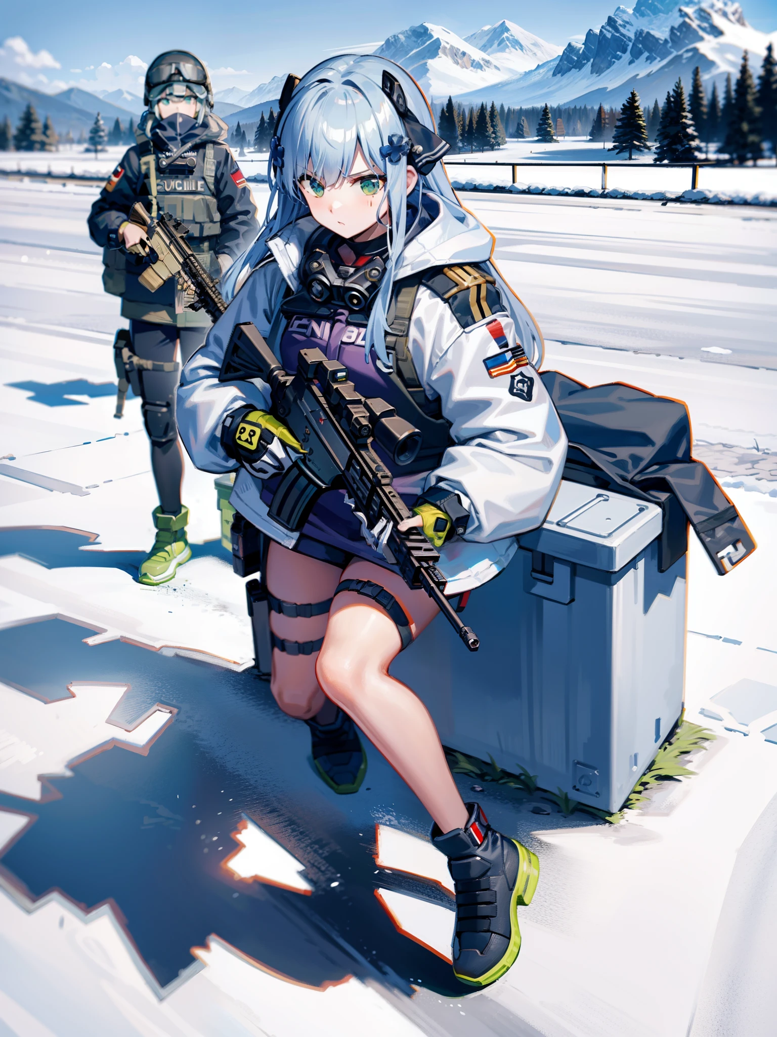 gun girl, special force, special operation, aiming at the enemy, assault rifle, white clothes, snow mountain, full body, background helicopter