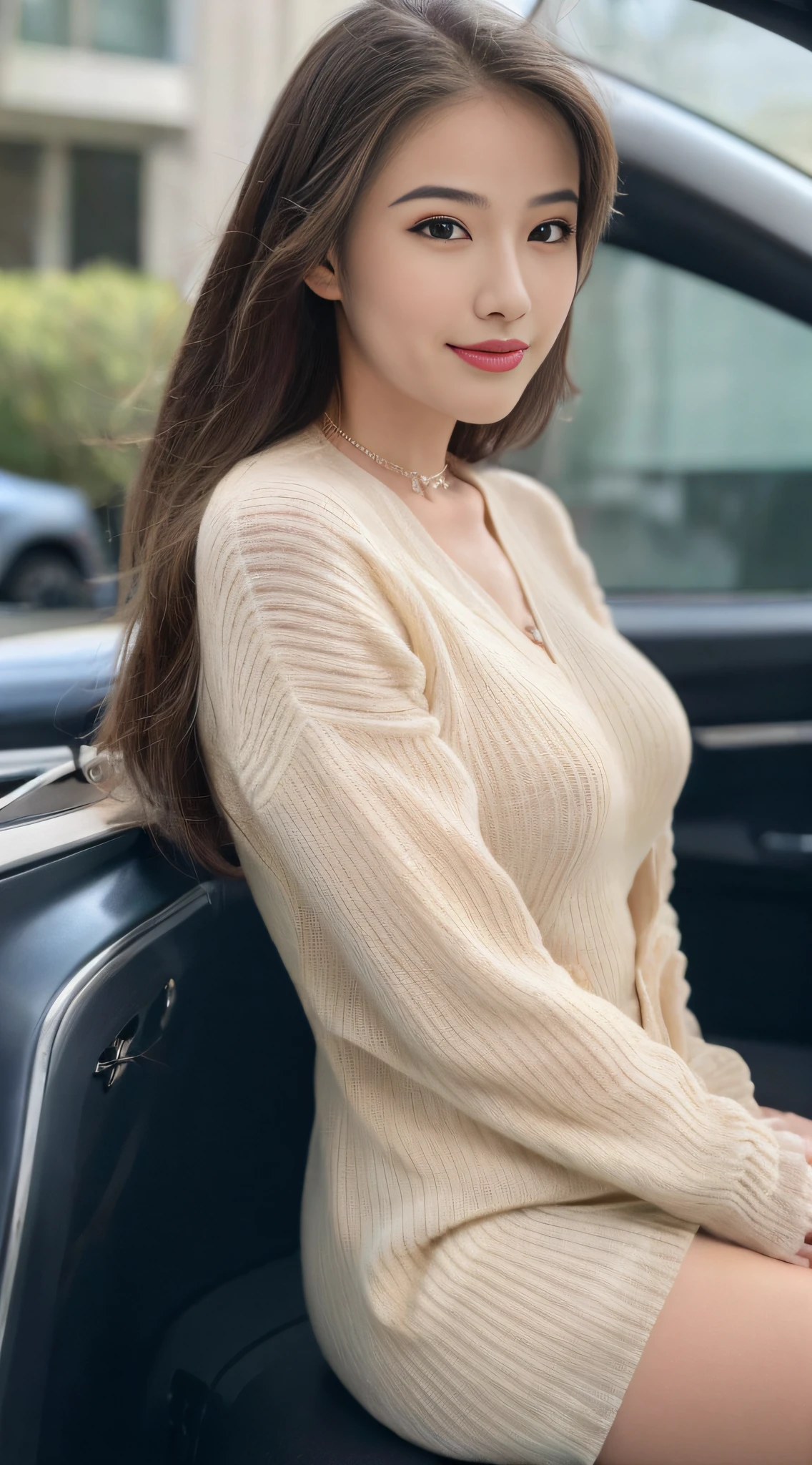 ((Best Quality, 8k, Masterpiece:1.3)), Focus:1.2, Perfect Body Beauty:1.4, Buttocks:1.2, ((Delicate Hair)), (Sweater Dress:1.1) , (Sports car, street: 1.2), Highly detailed face and skin texture, Detailed eyes, Double eyelids, whitening skin, Big breasts, smile, wearing necklaces, rings, people sitting in cars with their buttocks up,