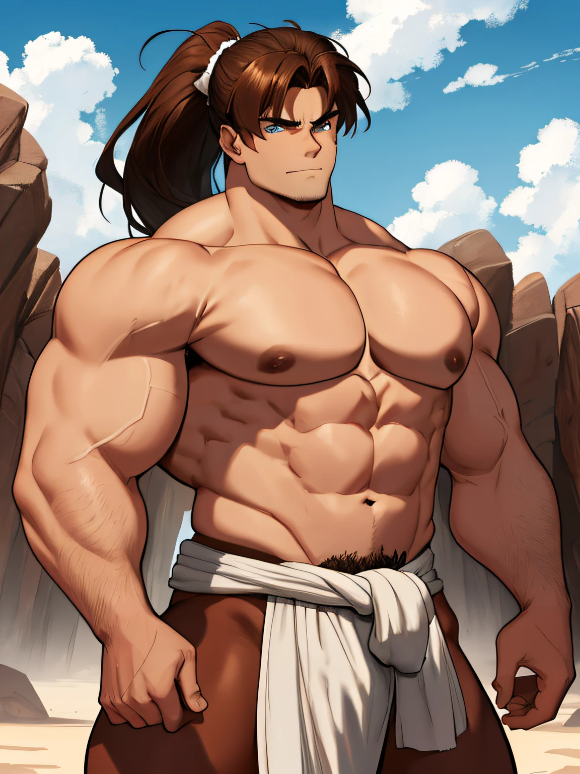 Conan Exiles Style, standing front, ((((FRONT))))), (((SHIRTLESS))), (((TOPLESS))), (((HANSOME))) young bodybuilder warrior semi-nude, wears a coarse loincloth made of brown pieces of cloth, bulge in the crotch, pectorals bulge, chest bulge, shoulders bulge, abs bulge () beardless (young face) enthusiastic expression ready to fight, top rated pixiv, shirtless, 180 kgs, front view, even shoulders, perfect massive muscles, inflated muscles, massive muscular body, a huge gigantic chest with a narrow waist, huge shoulders, ridiculously well-shaped large pecs, eight chiseled abs, arms thick as trunks and formidable thighs. (very toned, massive and huge) his ridiculously broad shoulders, absurdly wide back and indecently muscular back of arms and let's not forget his thick defined thighs. A muscular bull in the making. A potential competitive pro-bodybuilder. Mexican facial features, dark brown hair, hair moved by the wind, hair in a ponytail with bangs that fall over the forehead and on both sides of the face, white sclera, blue eyes (detailed eyes) big eyes, ((BLUE EYES)) and bull neck, narrow waist, barbarian, brown hair, ponytail hair, white sclera, blue eyes (detailed eyes), d&d character, brave warrior, human, handsome face, young rocky desert behind him, sunny day, rocky desert behind him, skill image, looking to the viewer, few clouds in the sky, breaking the fourth wall, face, breaking the fourth wall.