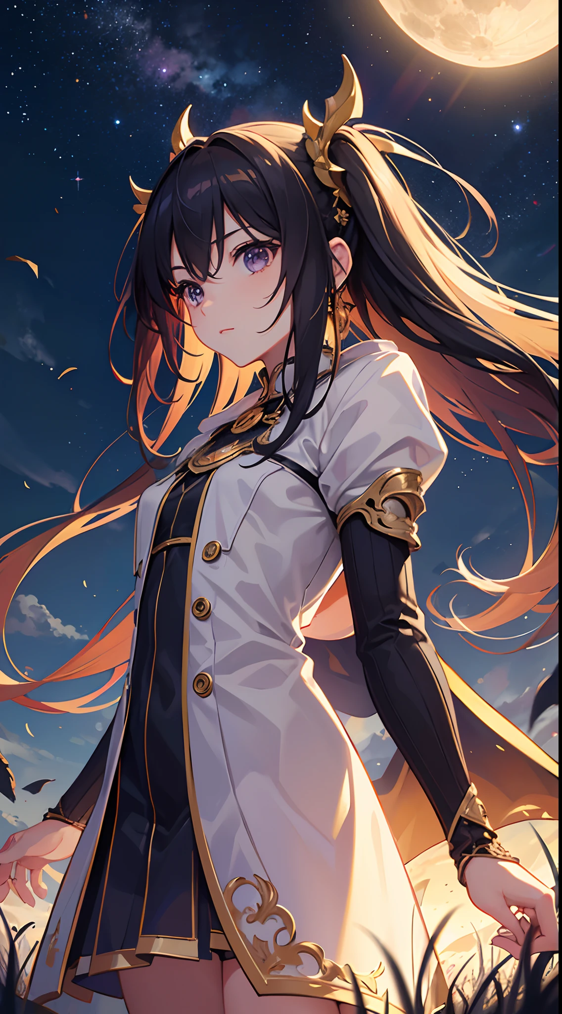 A wide landscape photo, (viewed from below, the sky is above, and the open field is below), a girl standing on a flower field looking up, (full moon: 1.2), (meteor: 0.9), (nebula: 1.3), distant mountains , Trees BREAK Crafting Art, (Warm Light: 1.2), (Firefly: 1.2), Lights, Lots of Purple and Orange, Intricate Details, Volumetric Lighting BREAK (Masterpiece: 1.2), (Best Quality), 4k, Ultra Detailed, (Dynamic Composition: 1.4), Rich in Detail and Color, (Rainbow Color: 1.2), (Glow, Atmospheric Lighting), Dreamy, Magical, (Solo: 1.2) --auto