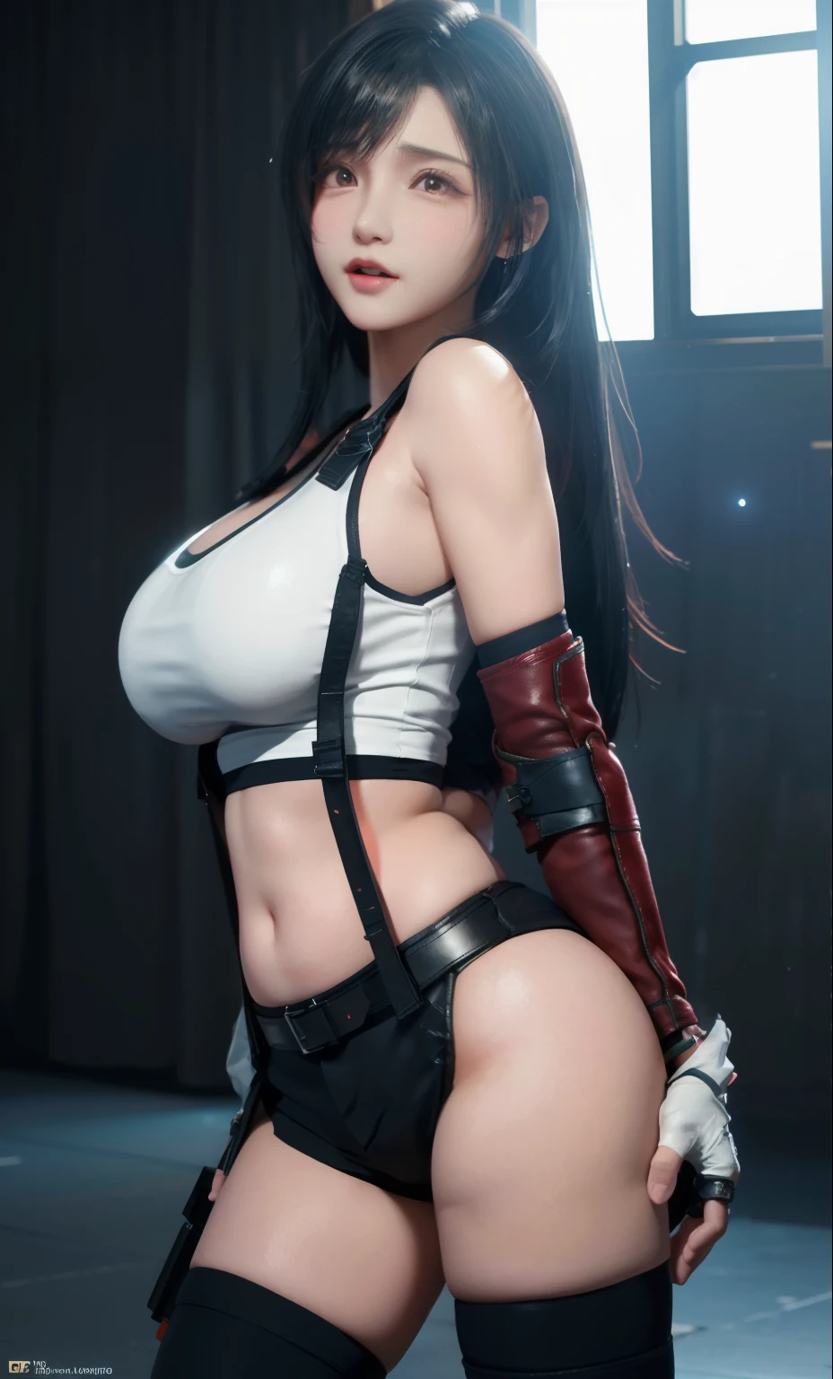 Unreal Engine 5 Realistic Render, (masterpiece, best quality), intricate details, (Best quality)), ((masterpiece)), ((realistic)), (hyperrealism:1.2), (fractal art:1.2),
1girl, 7rtifa, crop top, arm guards, fingerless gloves, suspenders, pleated miniskirt, black thighhighs, red boots
extreme detailed eyes, colorful, highest detailed,
vibrant colors, high contrast,
(8K UHD:1.2), (photorealistic:1.2), beautiful face, top body is hyper realistic thicc muscle and hyper largest_breasts!! with the type of boobs_melons, lower is huge buttocks, wet shiny body