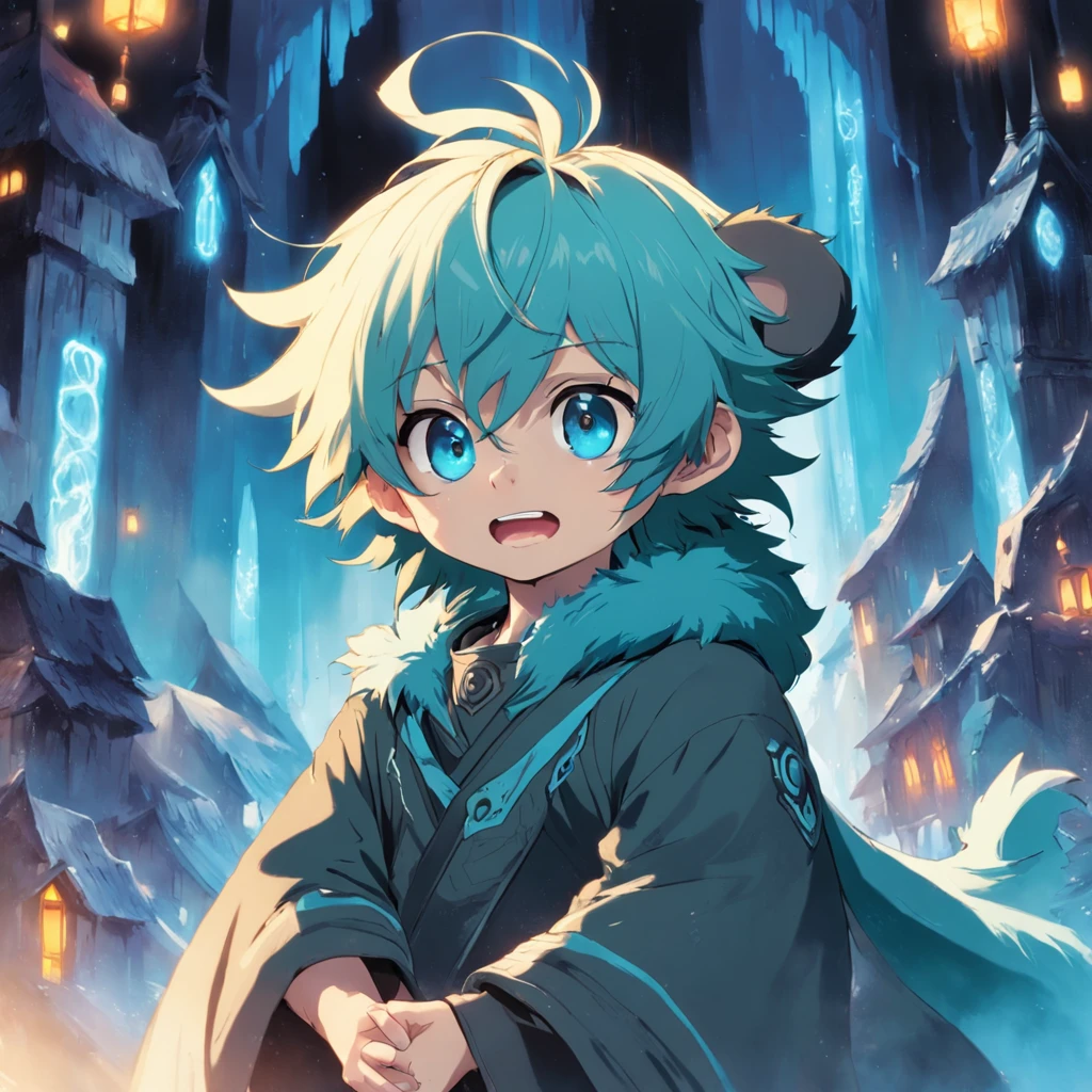 tmasterpiece,best qualtiy,cinematic Film still from,Cute bear orcs,Boy,Hair color:Light cyan and white,Pupil color:cyan colors,shaggy,adolable,rays of sunshine,ssmile,Black and white clothes,Chubby,Boy