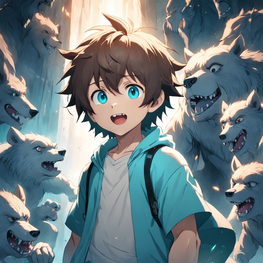 tmasterpiece,best qualtiy,cinematic Film still from,Cute bear orcs,Boy,Hair color:Light cyan and white,Pupil color:cyan colors,shaggy,adolable,rays of sunshine,ssmile,Black and white clothes,Chubby,Boy