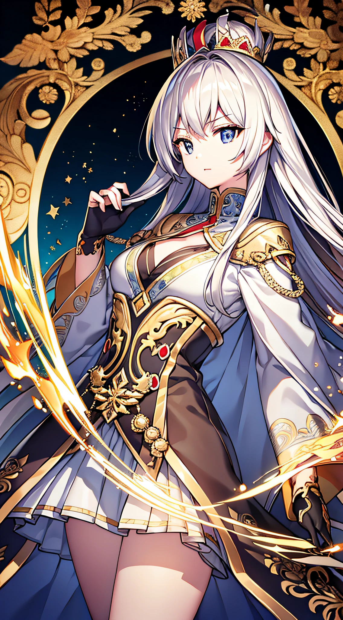 (Masterpiece:1.2), Best quality, (illustration:1.2), (Ultra-detailed), 超详细信息, (细腻细致), (Intricate details), (Cinematic light, 最优质的背光) ,Novel illustration,blond hairbl ,army suit ,holding rifle,female emperor,Gold pattern,Silvery crown,Red left eye,The right eye is blue