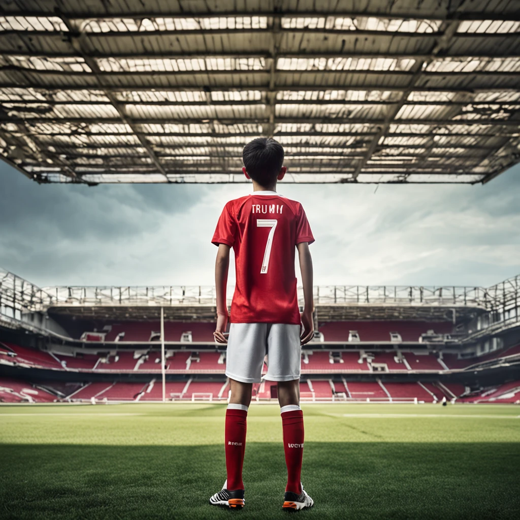 One height 1.75m 12-year-old Chinese teenager,Wearing the number 7 shirt of the Portuguese national football team，schoolboy，Strong and compact，Use snaps to capture the moment when teenagers play soccer，The background blends with the players from afar，Old Trafford Football Stadium，Exercise full body photo，Exercise full body photo，Football league,Cinematic texture，Positive key light，Fill light，Contrast between warm and cold pictures