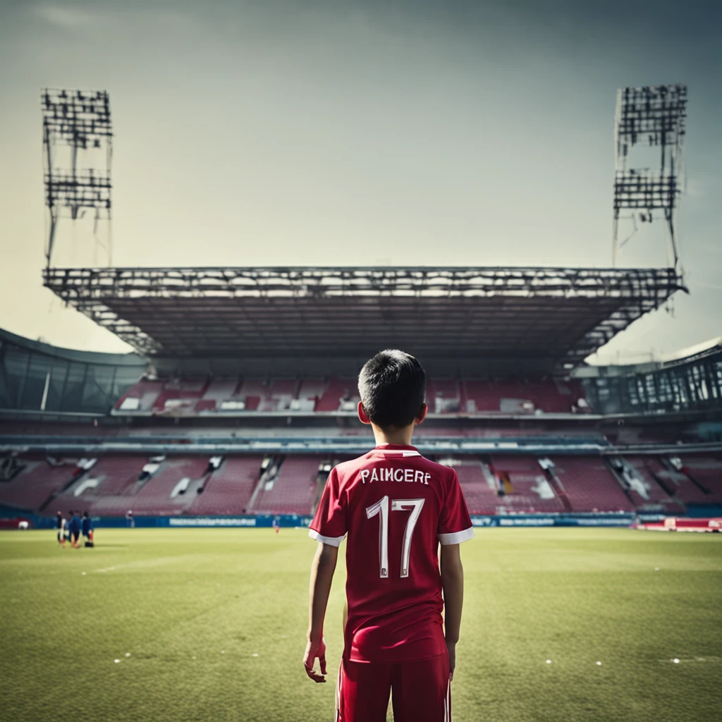 One height 1.75m 12-year-old Chinese teenager,Wearing the number 7 shirt of the Portuguese national football team,schoolboy,Strong and compact,Use snaps to capture the moment when teenagers play soccer,The background blends with the players from afar,Old Trafford Football Stadium,Exercise full body photo,Exercise full body photo,Football league,Cinematic texture,Positive key light,Fill light,Contrast between warm and cold pictures