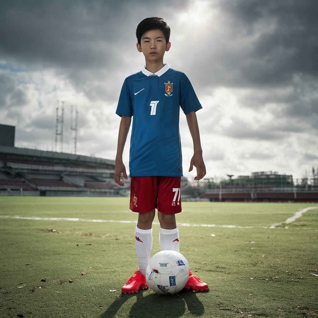 One height 1.75m 12-year-old Chinese teenager,Wearing the number 7 shirt of the Portuguese national football team，schoolboy，Strong and compact，Use snaps to capture the moment when teenagers play soccer，The background blends with the players from afar，Old Trafford Football Stadium，Exercise full body photo，Exercise full body photo，Football league,Cinematic texture，Positive key light，Fill light，Contrast between warm and cold pictures
