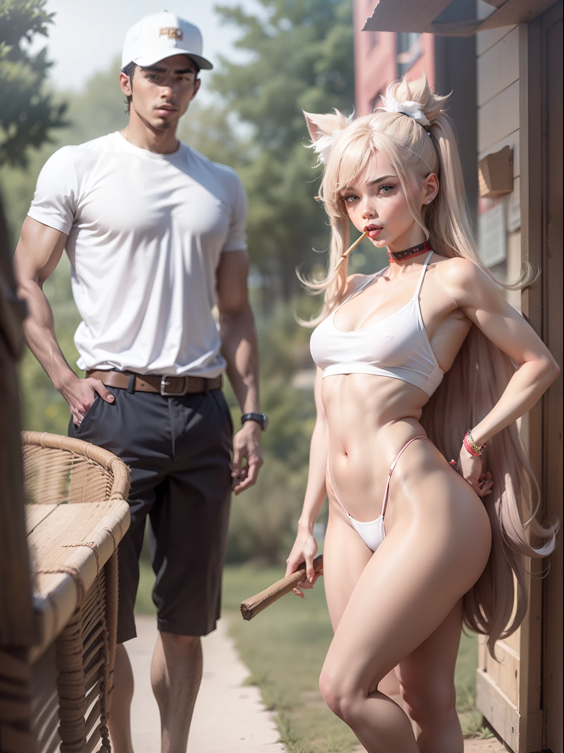 of a guy,A woman who is,The man stood,bare butts,Stand sideways,Women squat in front of men,Near the man across the span,With a man's stick in his mouth,Sexy pose
