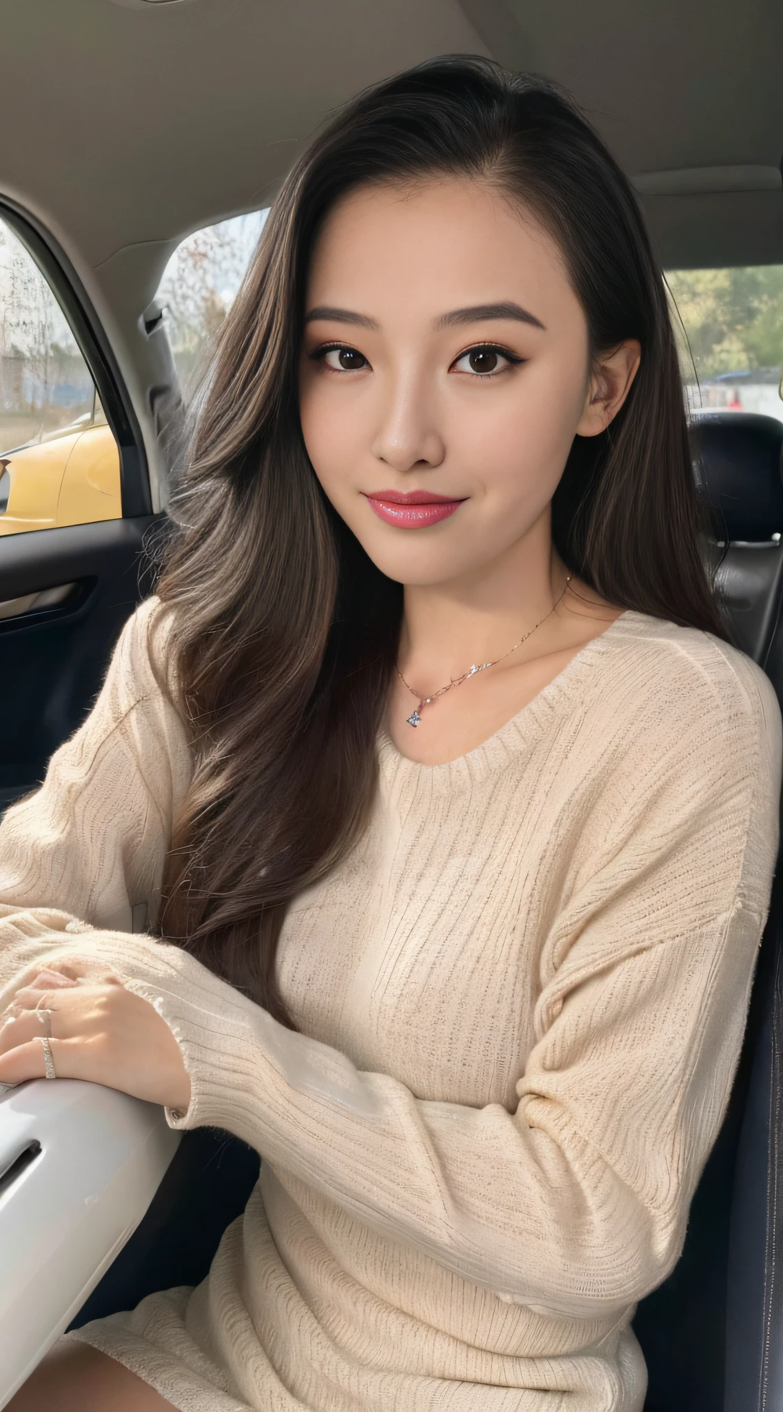 ((Best Quality, 8k, Masterpiece:1.3)), Focus:1.2, Perfect Body Beauty:1.4, Buttocks:1.2, ((Delicate Hair)), (Sweater Dress:1.1) , (Sports car, street: 1.2), Highly detailed face and skin texture, Detailed eyes, Double eyelids, whitening skin, Big breasts, smile, wearing necklaces, rings, people sitting in cars with their buttocks up,