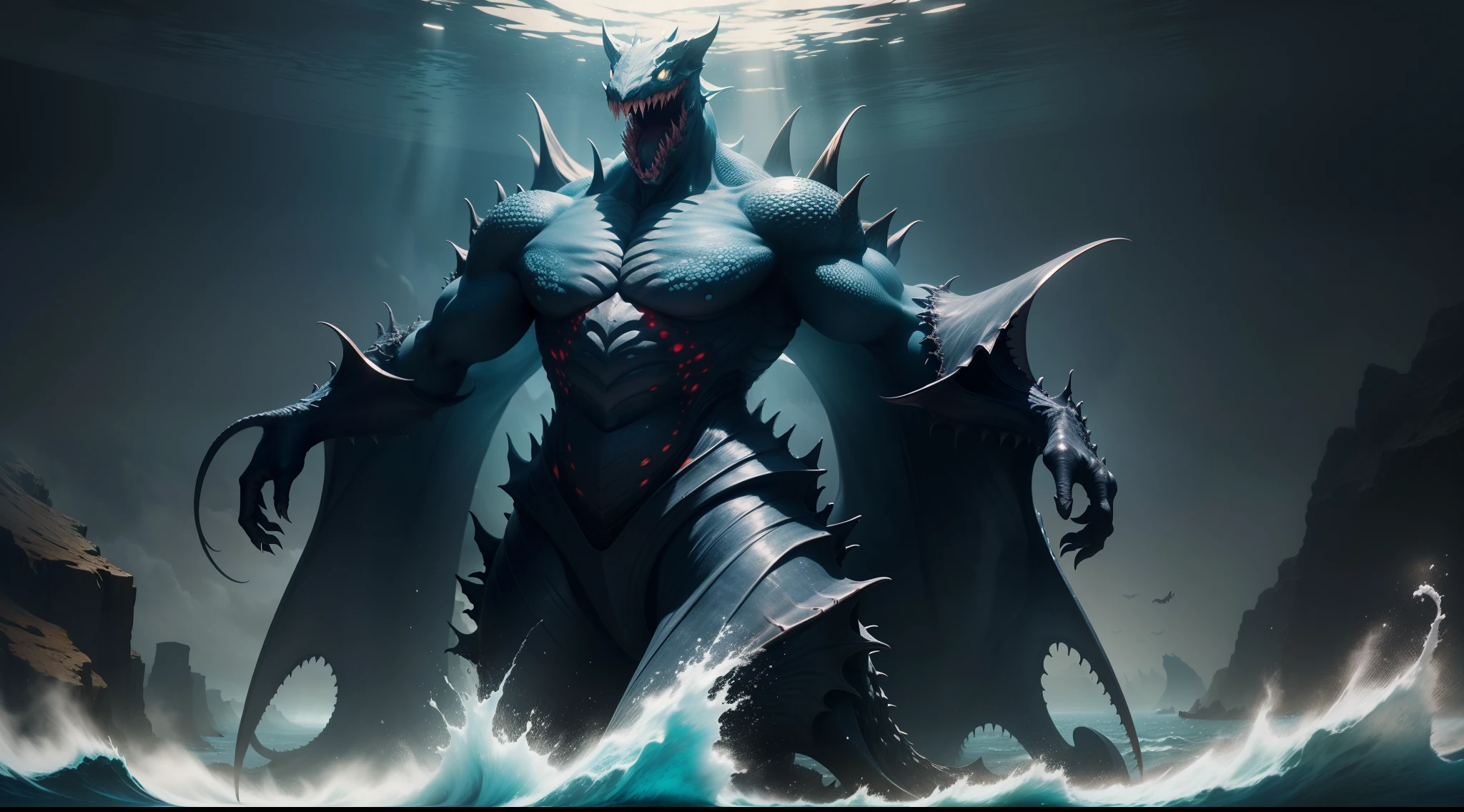 All the creatures in the ocean have mutated, Mutates into very scary creatures, cinematic lighting, panorama, Sony FE GM, UHD, masterpiece, ccurate, textured skin, super detail, high details, high quality, 16k