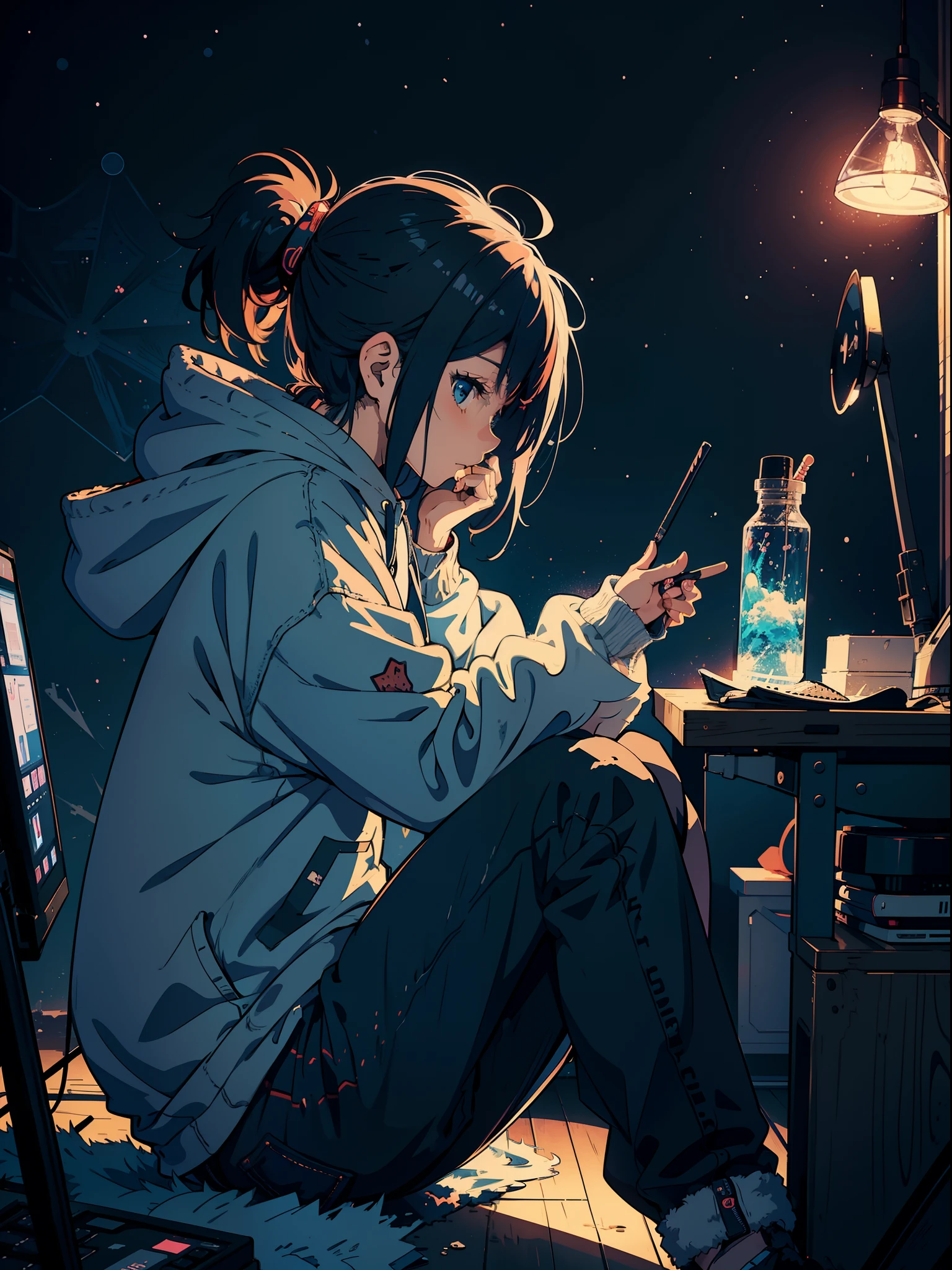An anime girl wearing a hoodie, full jeans, messy hair, chilling in her room, sitting at her desk, looking at something, winter night, (2d illustration:1.2), visual clutter, (1girl:1.3), ((chill vibes)), night, ((sideview:1.4))