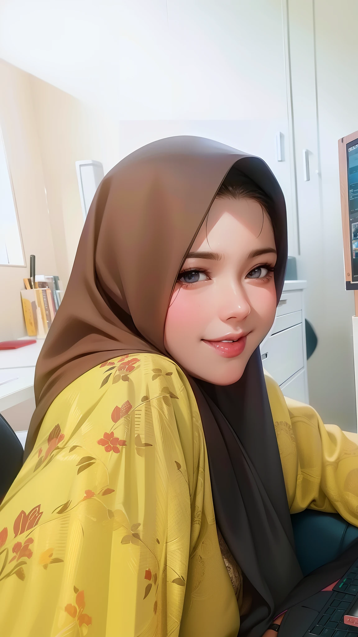 there is a woman sitting at a table with a laptop computer, faridah malik, picture, friedly smile, close up potrait, old picture, with accurate face, inspired by Nazmi Ziya Guran, selfie photo, inspired by Basuki Abdullah, potrait, protrait, inspired by JoWOnder, foto, friendly smile, sie boob, anime style, textured skin, masterpiece, best quality, highres, 1080P, HD, 4K