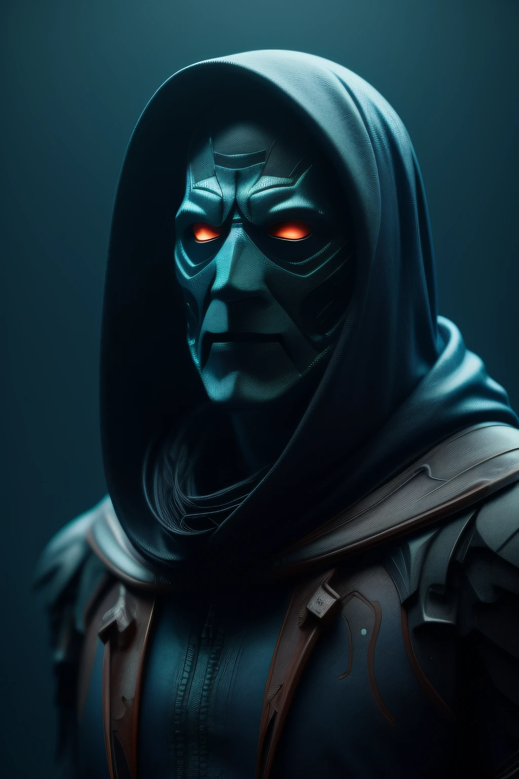 male Humaoid , covered in an ice symbiote , skin with symbiont in shades ranging from blue to black , eyes glowing , hood , he's standing in a cold forest , fantasy , dreamlike , surrealism , trending on artstation , cinematic , dramatic colors , close-up , cgscociety , computer rendering , by mike winkelmann , uhd , rendered in cinema4d , hard surface modeling , render octane , inspired by beksinski ,