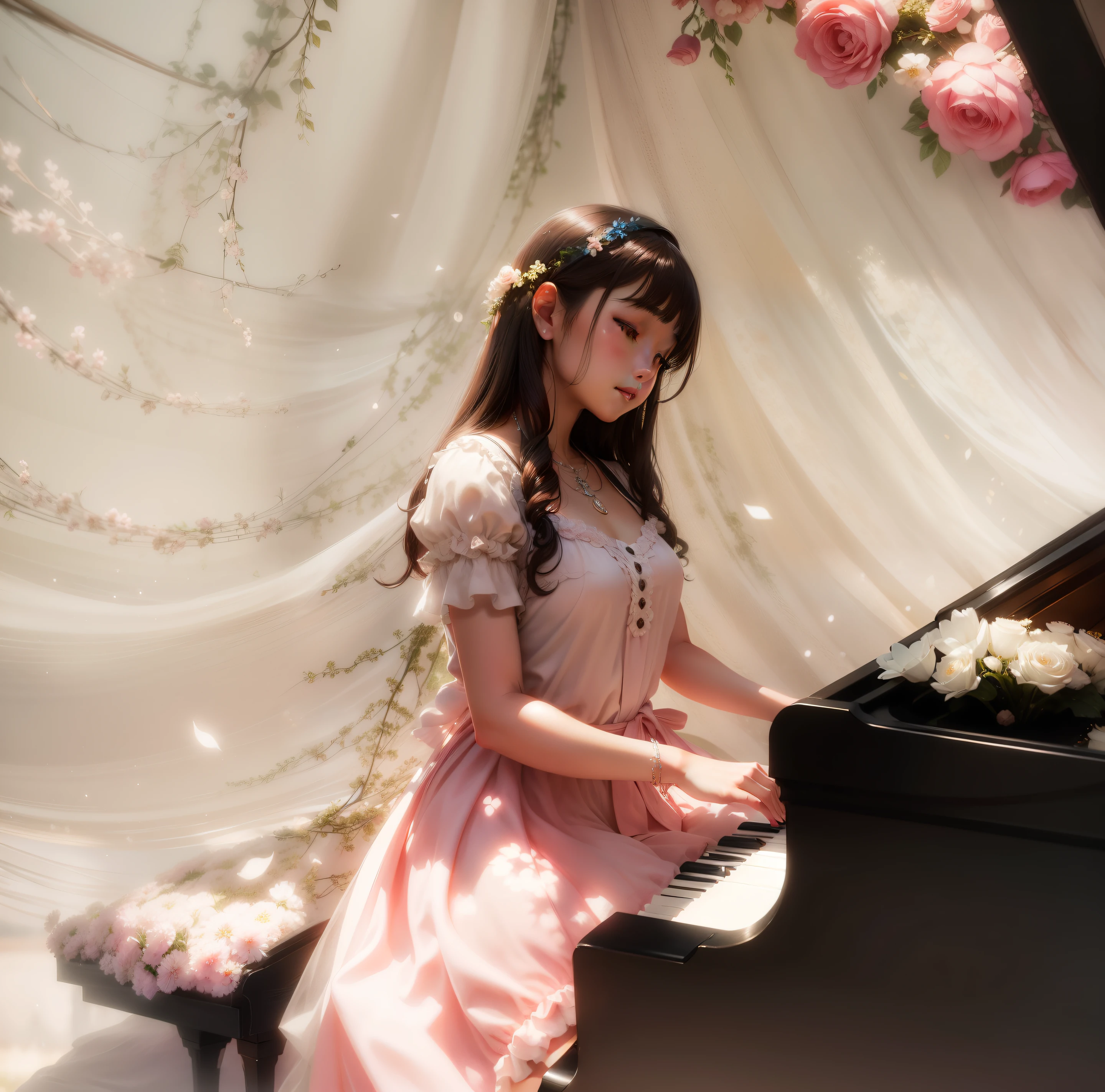 Beautiful girl playing piano in a dreamy background. Bokeh lighting in the background.  Beautiful flowers showering scene, 8k