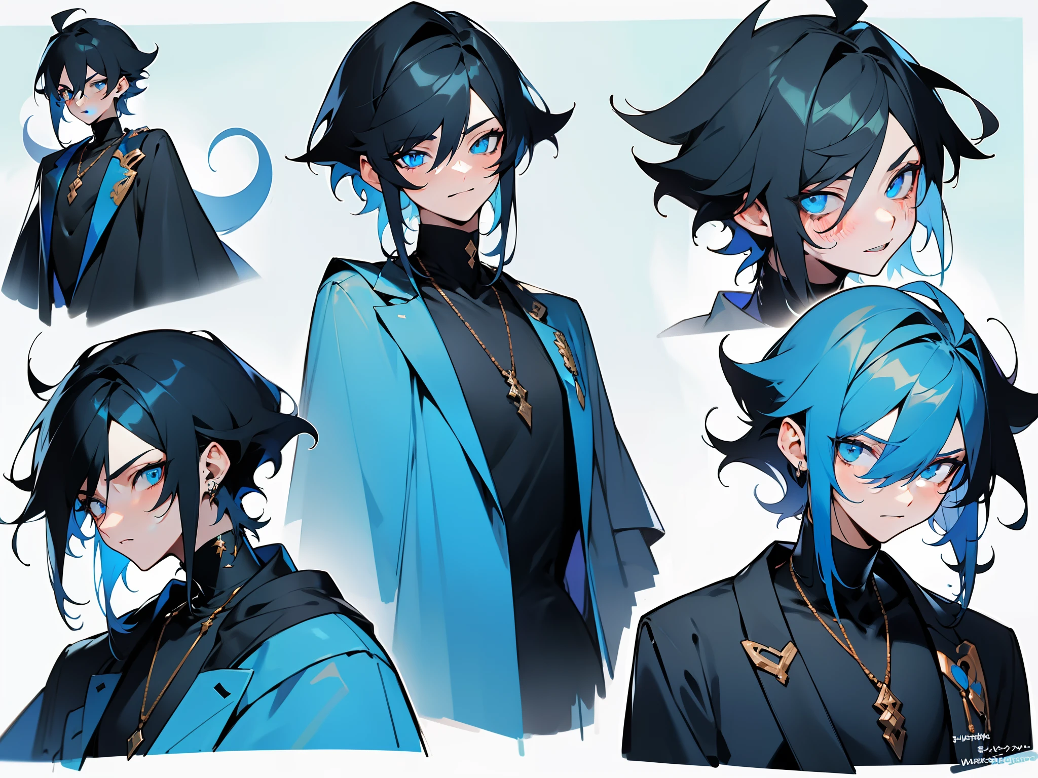 （Male characters:1.2),(Boy:1.2), ((Character design)),(Different expressions for the same character:0.8),Pubic area is clear,hyper HD, Exquisite,A masterpice，blue color eyes，black color hair，black high-neck sweater