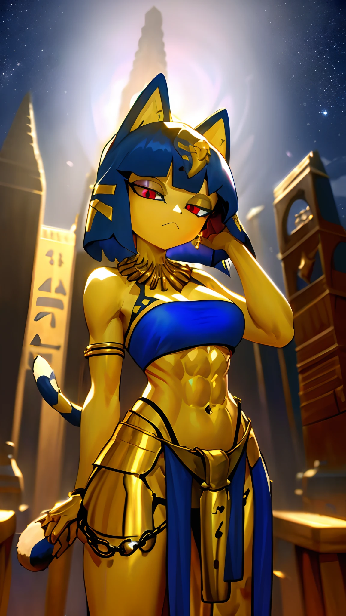 masterpiece, best quality, 1girl, solo,
red eyes, gilgamesh_\(fate\), solo, blue hair, chains, abs, tattoo, earrings, jewelry ,
, look up,
at night, starry sky, (masterpiece, best quality:1.2), ankha, 1girl, solo, loincloth, tail, outdoors, botanical garden, greenhouse, tropical plants, flowers, (dress)
