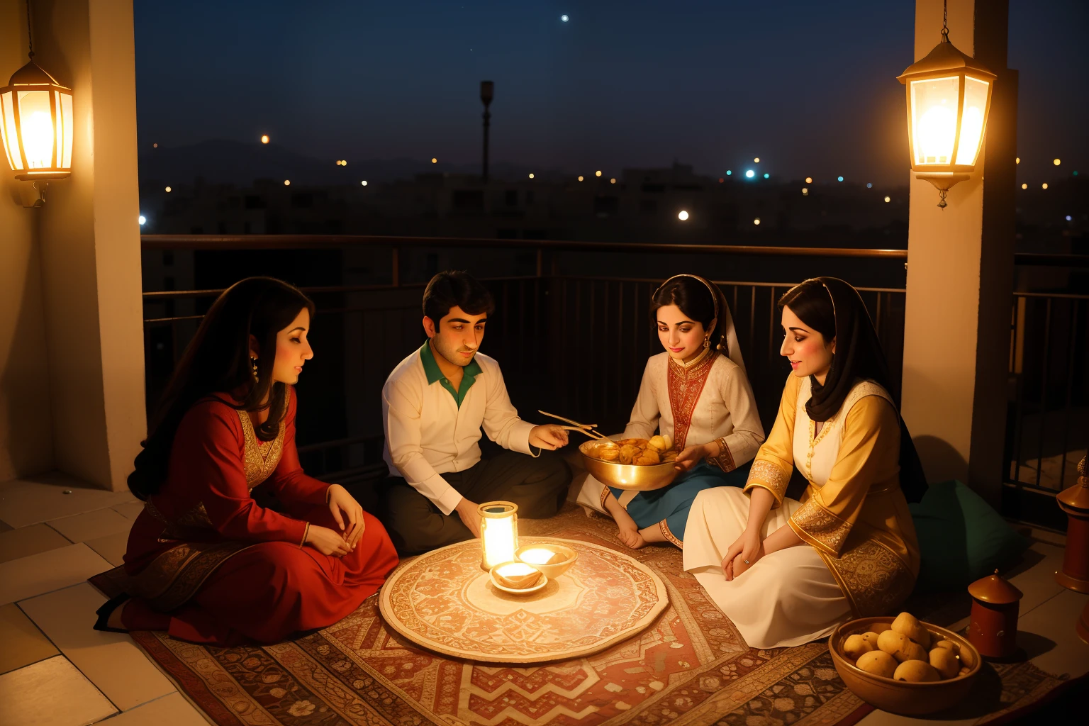 Year: 2008
Country: Iran
Description: In the heart of Tehran, an upper-middle-class family gathers on a rooftop for a moonlit picnic during the Persian New Year, Nowruz. Clad in elegant, matching outfits, they feast on traditional dishes, surrounded by glowing lanterns and Persian rugs.