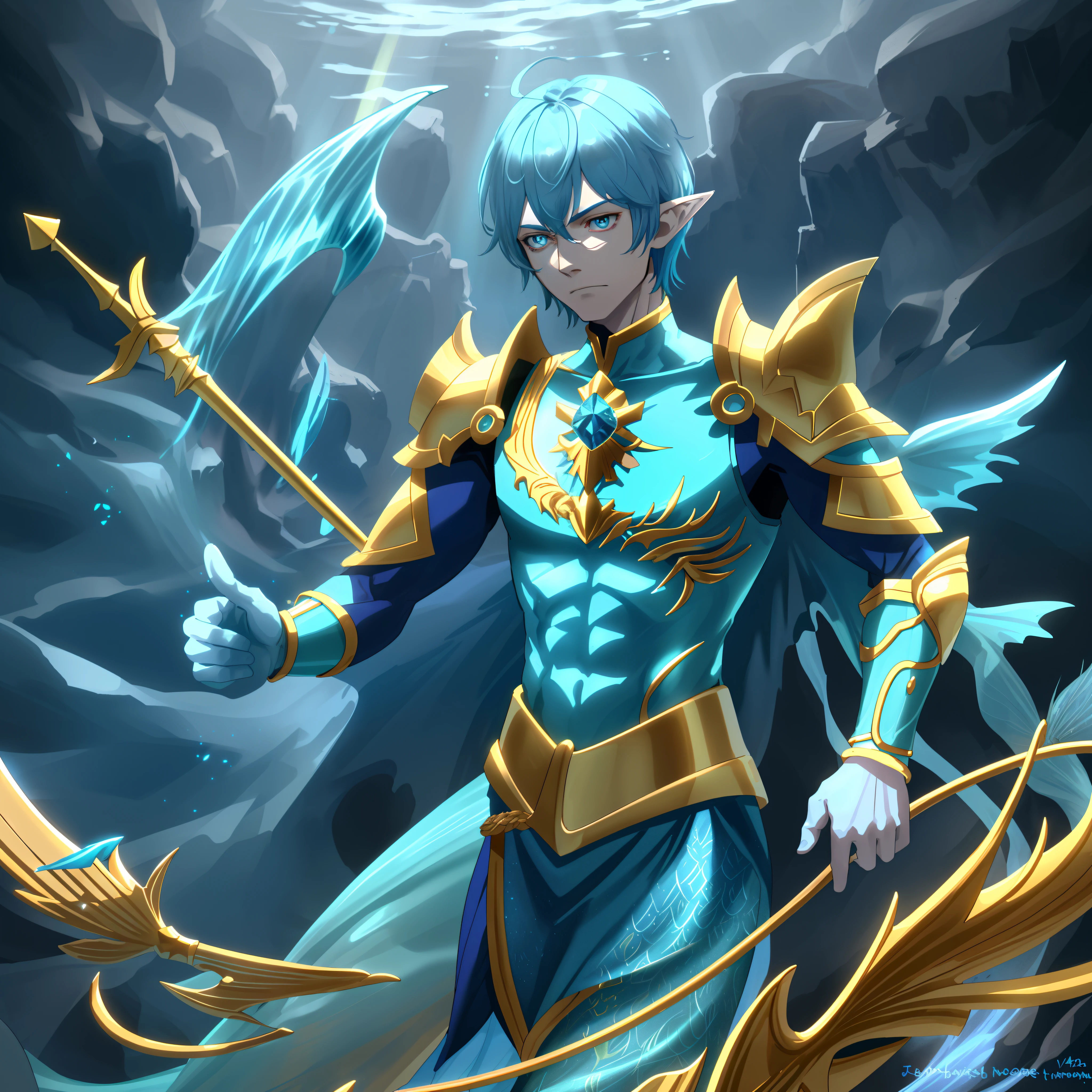 blue hairs，middle aged man，The lower body is a mermaid，Mermaid tail，elvish ears，The upper body is dressed in blue-gold armor，short detailed hair，A golden helmet is worn on his head，Trident in hand，The trident emits blue flames，4K，Dingdall effect，Sunlight enhanced