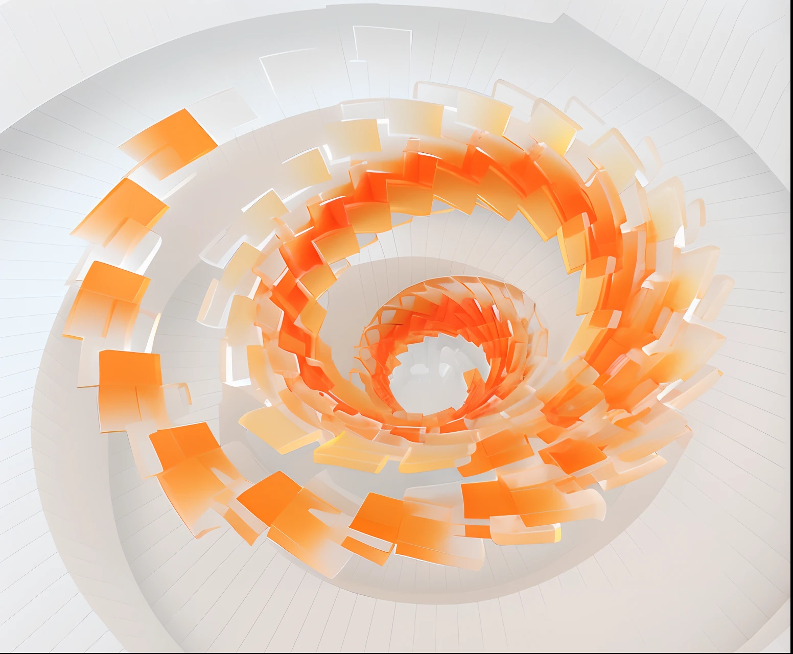 Spiral design made of orange squares, pulled into the spiral vortex, spiraling upward, , abstract 3d rendering, Serrated spiral shape, 3d abstract render overlayed, Spiral, orange and white color scheme, Fractal three-dimensional structure, fractal render