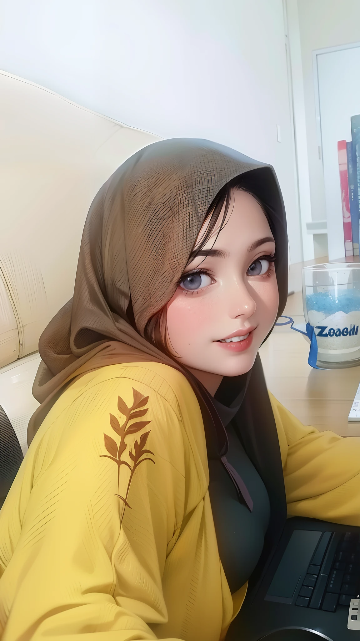 there is a woman sitting at a table with a laptop computer, faridah malik, picture, friedly smile, close up potrait, old picture, with accurate face, inspired by Nazmi Ziya Guran, selfie photo, inspired by Basuki Abdullah, potrait, protrait, inspired by JoWOnder, foto, friendly smile, sie boob, anime style, textured skin, masterpiece, best quality, highres, 1080P, HD, 4K