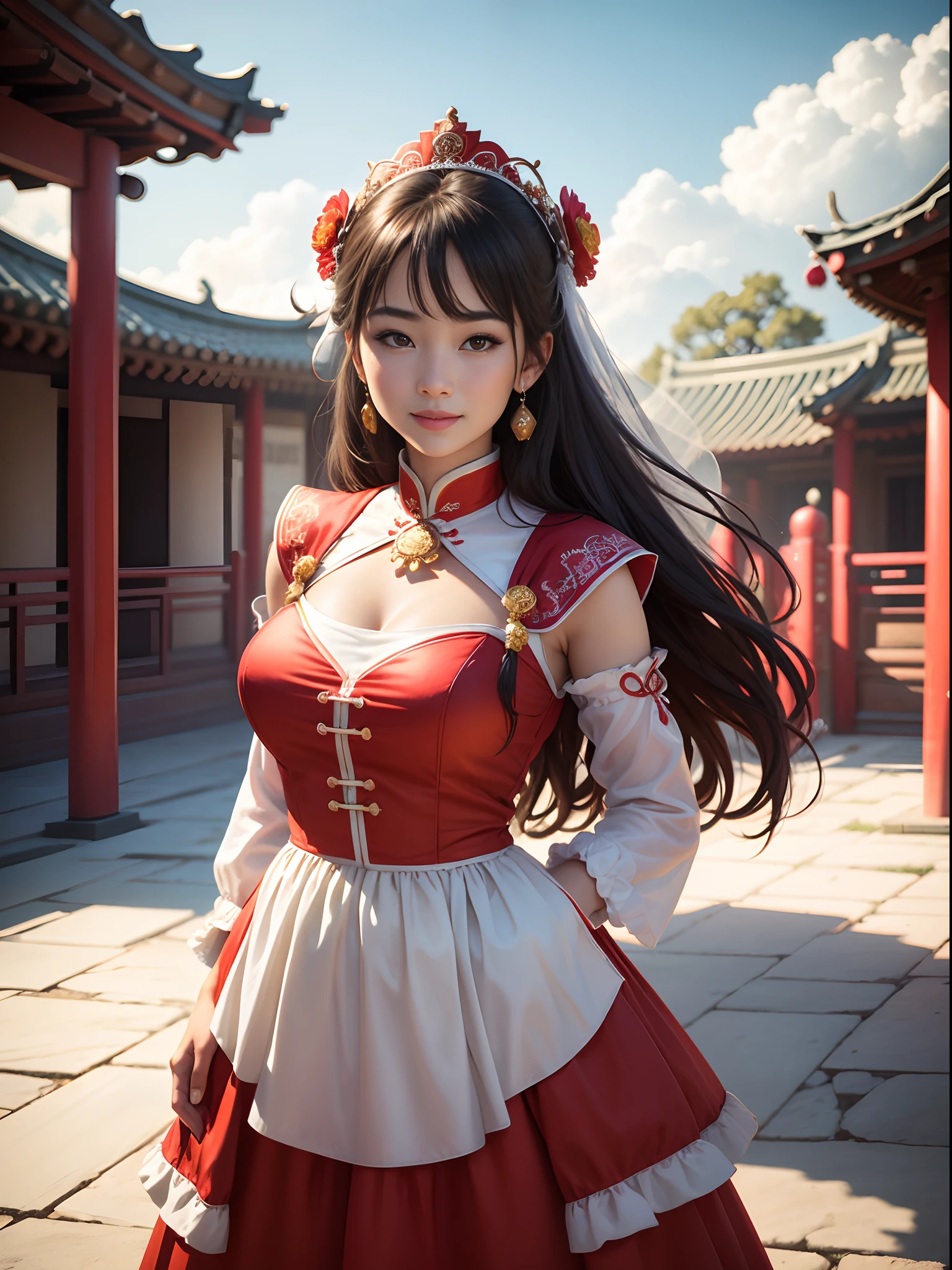 (Best quality:1.1),(Realistic:1.1),(Wedding:1.1),(highly details:1.1),1 girl,marry,(((wearing red tang attire))),red upper shan,white with yellow pibo,yellow waistband,with a crown on her head,smile at the camera,closeup of face,Clear facial features,cowboy lens,Chinese courtyard in the background,Red lanterns,Rockery,blue sky and white clouds,depth of fields,Super clear,8K,Hyper Real,Photorealistic,16K,high detail,high resolution,
