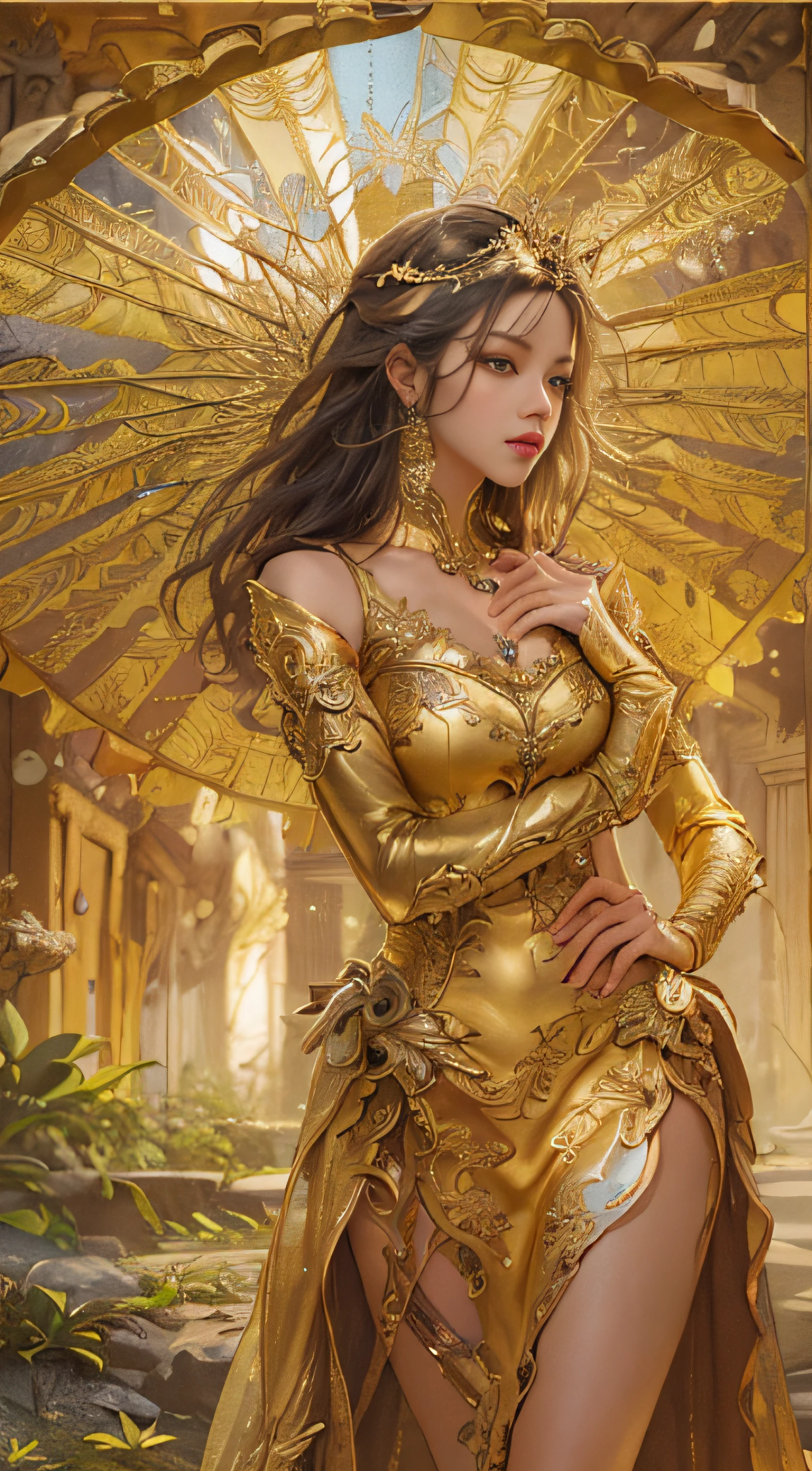 Woman in a golden dress, True Art Station, Rainstorm site, detailed fantasy art, Stunning character art, Beautiful and exquisite character art, Beautiful golden armor, Extremely detailed, Girl in shiny armor, Exquisite tiaras and jewelry, Full body capture,