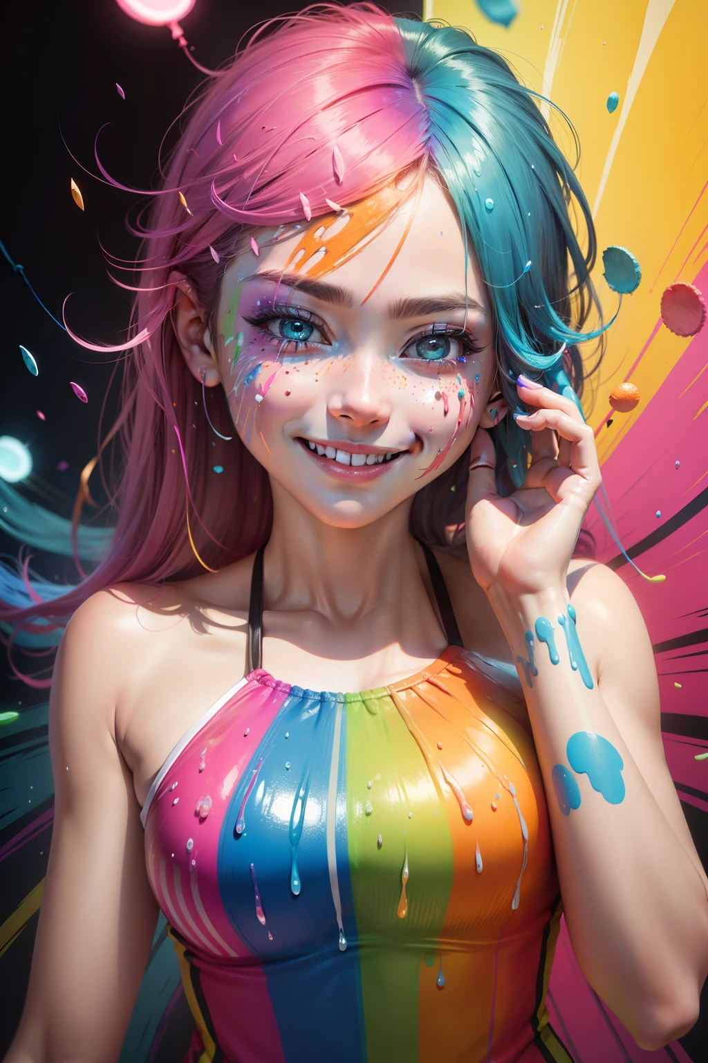 cute redhead woman in twin tails, multiple rainbow colored hair, sky-blue eyes, happy, Ukrainian, petite, pale skin, wearing a green metallic color bikini, post apocalyptic background, bleak barren desert, photo realistic woman. --auto
