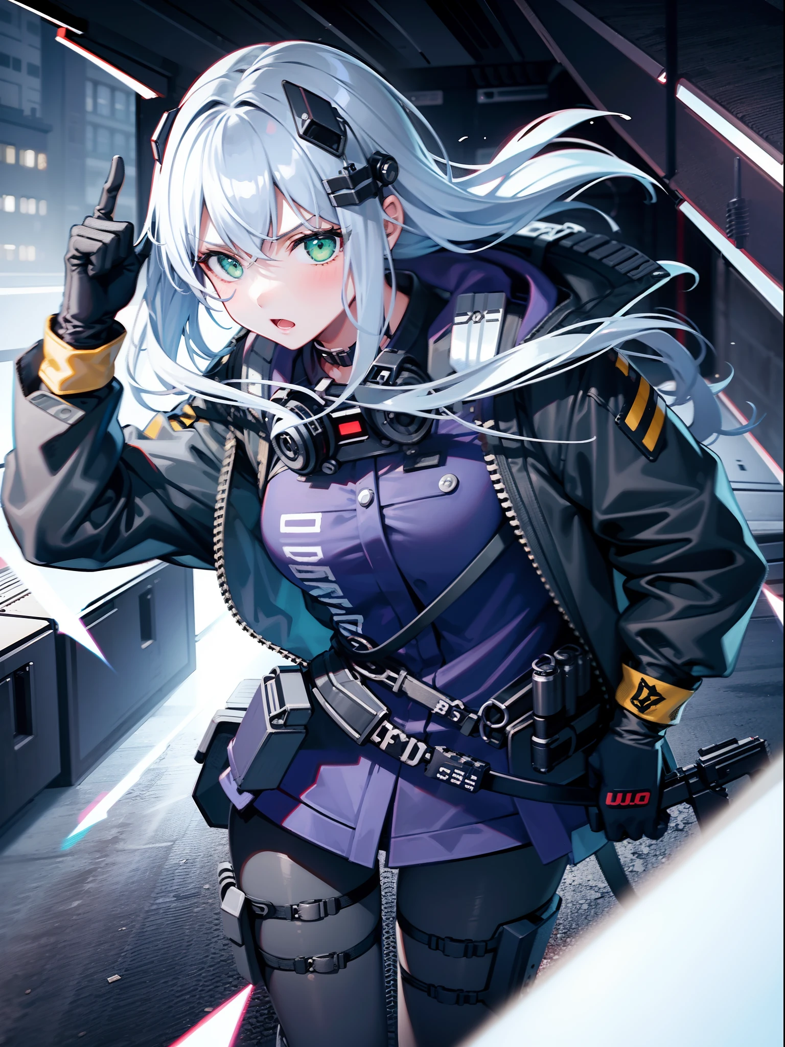 1 girl, submachine gun, walkie-talkieshooting, in the dark warehouse, black clothes, special operations, special force, cinematic action, dynamic