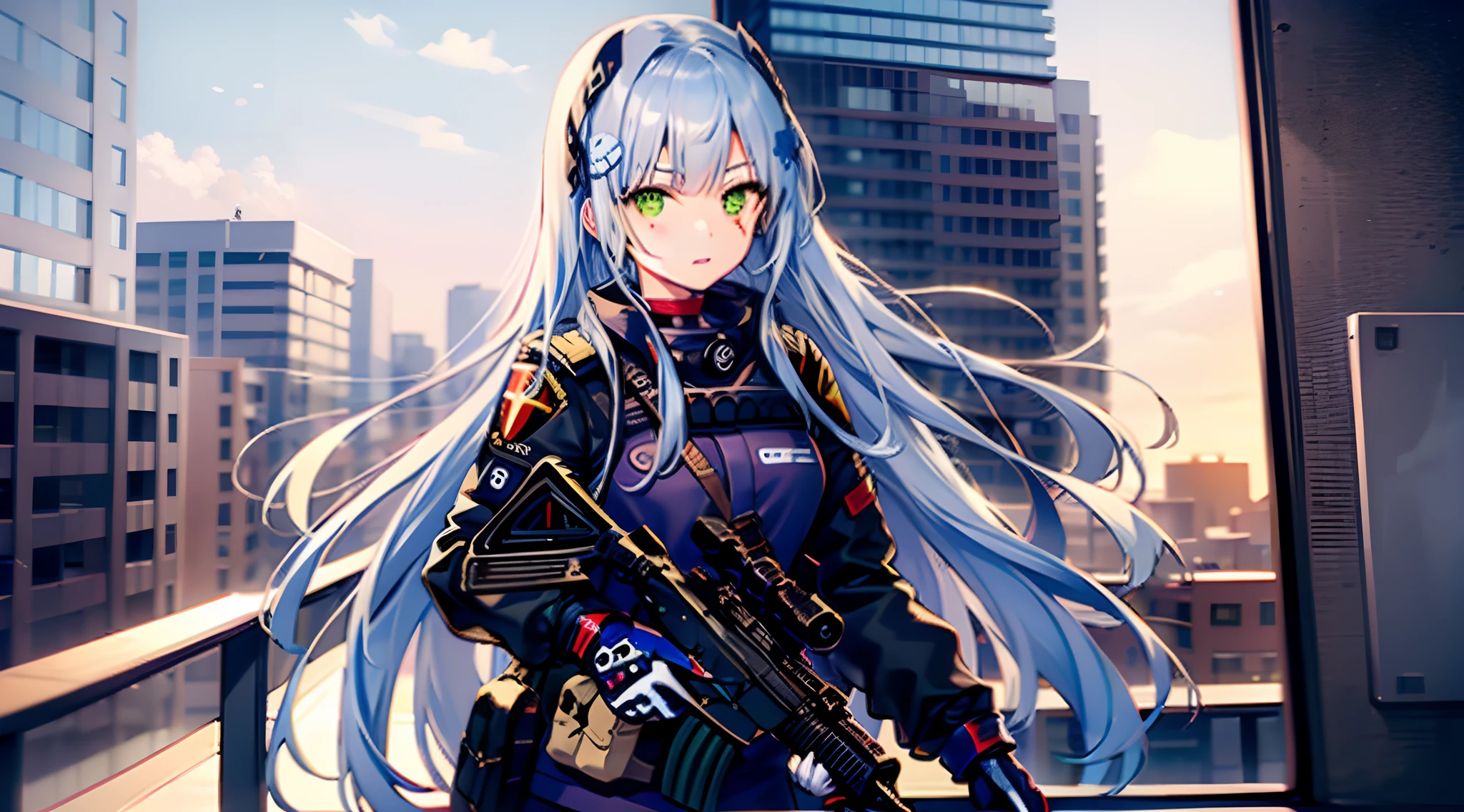 1 girl, semi-auto gun, shooting, in the building, silver hair, green eyes, black clothes, special operations, special force, cinematic action
