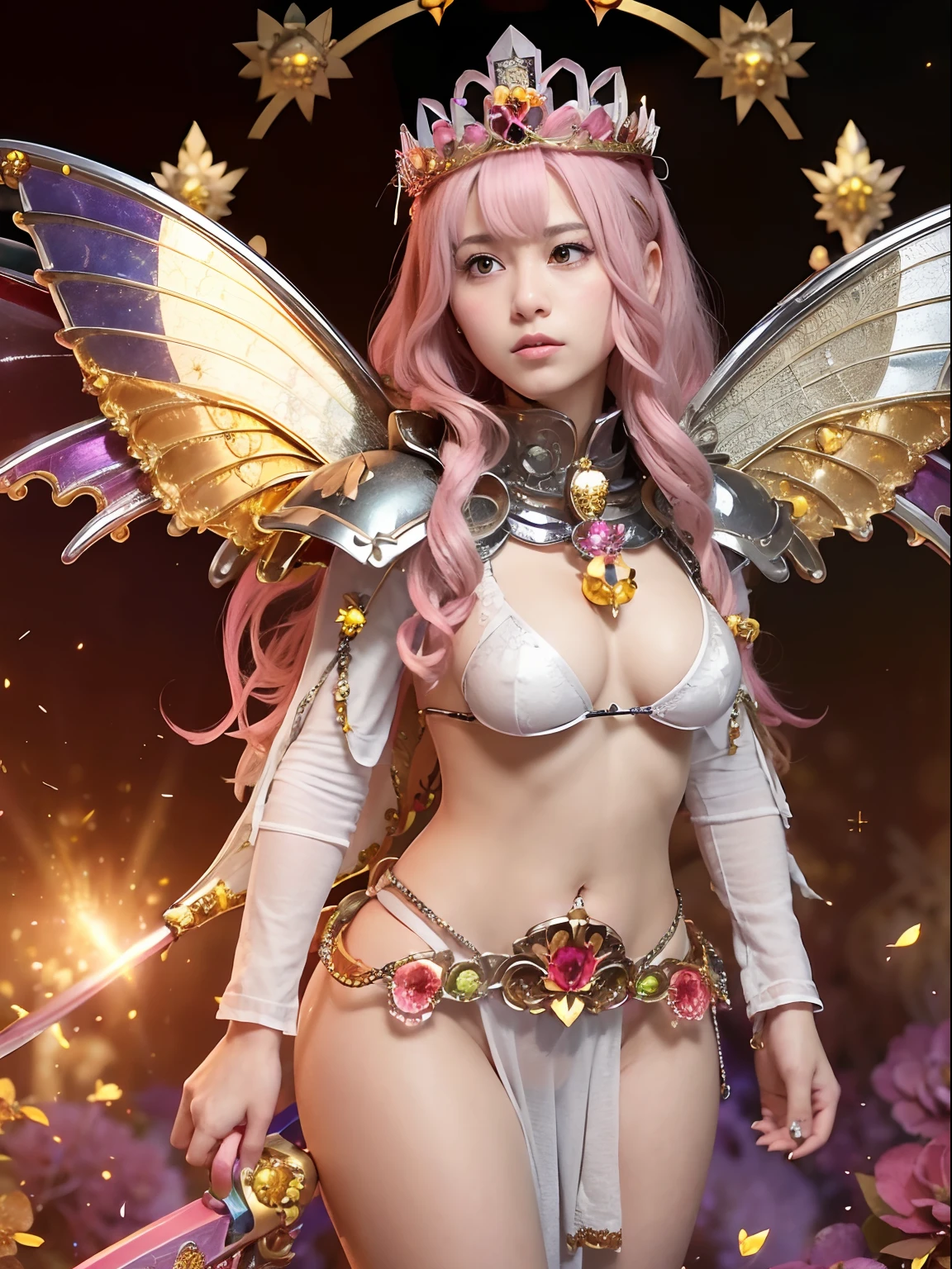 (masutepiece), Professional , masterpiece、top-quality、photos realistic , depth of fields (Gemstone Flower Metal Body:1.4),(Matte Silver Pink、Jewel Gold Weapon、(Gorgeous castle background)、(ultimate beauty girl)、(Flower rainbow fairy wings grow)、(Jewel Flower Metal Body:1.9),Gorgeous Jewel Metal Weapons , Detailed Sword of the Brave ,( a blond) ,warhammer 40k ,((Floral Micro Bikini))、Particles of light、(Beautiful flower garden background)、 adepta sororitas,Detail and ornate jewel crown、独奏、Brown hair、(Gangle's forest background)、Beautiful Caucasian beauty、1a person、dynamic ungle,(((Diamond tiara with detail and luxury)))、a small face、Powerful poses、(Gorgeous castle background)、huge filesize、20 year old beautiful woman、Thin female fingers、Straight long hair、Beautiful Caucasian beauty、Valley、Fairy of Light、Particles of light、