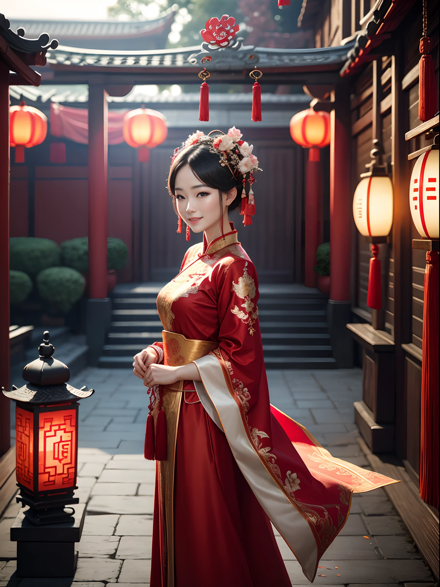 (Best quality: 1.1), (Realistic: 1.1), (Wedding: 1.1), (highly details: 1.1), 1 Daughter is married,Stand in front of a Chinese-style building, closeup of face,Clear facial features,Happy smile, The woman wears a red-gold ancient long dress,with a crown on her head, cowboy lens,Chinese courtyard in the background,Red lanterns,Super clear,8K