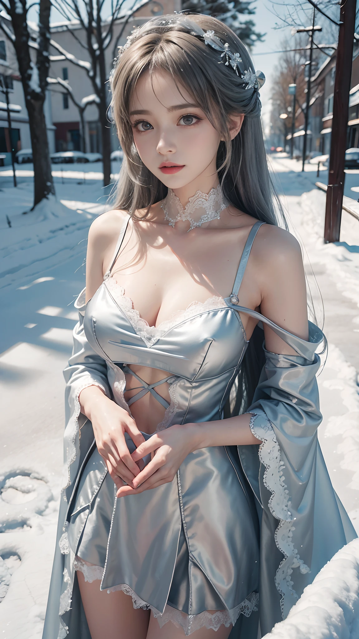 8K, best qualtiy, masterpiece, photograph realistic, Hide your face with happiness, medium breasts, silver ta costume, silver Lace, Aerith Gainsborough, whole body, undergarments, exposed bare shoulders, do lado de fora, outside, Covered with snow, cloaks, high high quality, Adobe Lightroom, highdetailskin, looking at viewert,