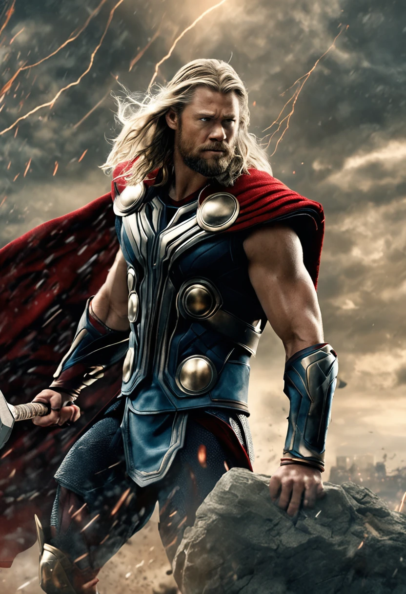 Thor, the god of thunder, holds a hammer in a scene in the Avengers, Thor 2: Marvel movie, 《god of thunder》cinematic Film still from, Starring in the Ragnarok movie, Chris Hemsworth, Thor, Donald Trump as Thor, god of thunder, god of thunder, thors hammer, Hold Mjolnir, Mjolnir, Asgard German, Elon Musk as Thor, marvel movie still,(professional 3d render:1.3) af (Realistic:1.3) most beautiful artwork photo in the world,Features soft and shiny male heroes,Thor Odinson,handsome men,smile,day light, film texture, delicate skin, bright picture,MEDIUM CLOSEUP(MCU) ((Epic hero fantasy muscle man rough wet hero angry looking long hair short beard and ferocious expression in dynamic pose, Fantastic location, Majestic cluttered environment)), Full body 8K unified rendering, action shot, skin pore, very dark lighting, heavyshading, Detailed, Detailed face, (vibrant, photograph realistic, Realistic, Dramatic, Dark, Sharp focus, 8K), (Old leather garments damaged by weathering:1.4),armor, (Intricate:1.4), decadent, (Highly detailed:1.4), Digital painting, rendering by octane, art stations, concept-art, smooth, Sharp focus, illustration, Art germ, (loish:0.23), wlop ilya kuvshinov, and greg rutkowski and alphonse mucha gracias, (Global illumination, Studio light, volumettic light), heavy rain, particles floating, lotr, fantasy, elf, full bodyesbian, ((Dark and ancient city background:1.3)),CGSesociety,art stations