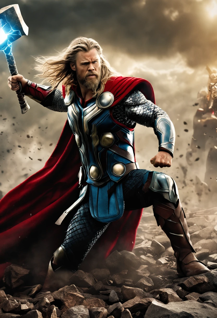 Thor, the god of thunder, holds a hammer in a scene in the Avengers, Thor 2: Marvel movie, 《god of thunder》cinematic Film still from, Starring in the Ragnarok movie, Chris Hemsworth, Thor, Donald Trump as Thor, god of thunder, god of thunder, thors hammer, Hold Mjolnir, Mjolnir, Asgard German, Elon Musk as Thor, marvel movie still,(professional 3d render:1.3) af (Realistic:1.3) most beautiful artwork photo in the world,Features soft and shiny male heroes,Thor Odinson,handsome men,smile,day light, film texture, delicate skin, bright picture,MEDIUM CLOSEUP(MCU) ((Epic hero fantasy muscle man rough wet hero angry looking long hair short beard and ferocious expression in dynamic pose, Fantastic location, Majestic cluttered environment)), Full body 8K unified rendering, action shot, skin pore, very dark lighting, heavyshading, Detailed, Detailed face, (vibrant, photograph realistic, Realistic, Dramatic, Dark, Sharp focus, 8K), (Old leather garments damaged by weathering:1.4),armor, (Intricate:1.4), decadent, (Highly detailed:1.4), Digital painting, rendering by octane, art stations, concept-art, smooth, Sharp focus, illustration, Art germ, (loish:0.23), wlop ilya kuvshinov, and greg rutkowski and alphonse mucha gracias, (Global illumination, Studio light, volumettic light), heavy rain, particles floating, lotr, fantasy, elf, full bodyesbian, ((Dark and ancient city background:1.3)),CGSesociety,art stations