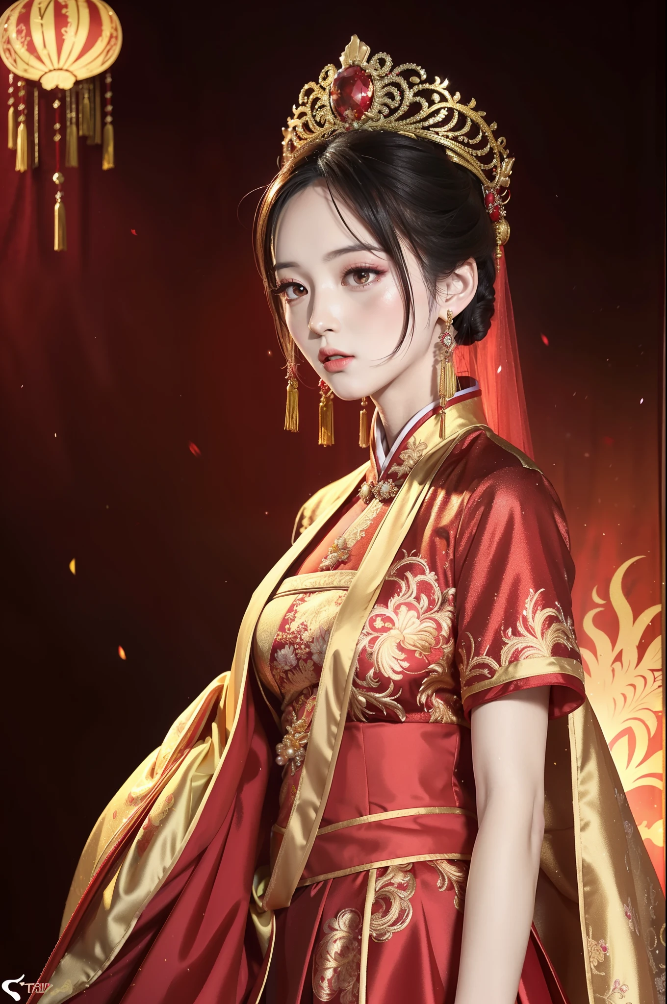 China-style,a chinese wedding,Hanfu bridal outfit,A woman in a red and gold dress,Phoenix crown,depth of fields,Real light,Ray traching,OC renderer,UE5 renderer,Hyper-realistic,best qualtiy,8K,Works of masters,super-fine,Detailed pubic hair,Correct anatomy