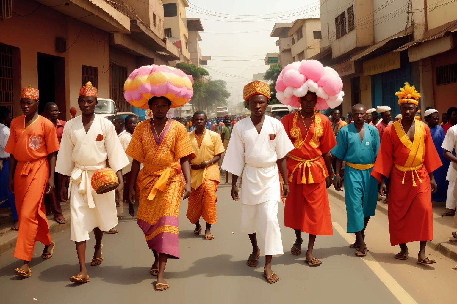 Year: 2003
Country: Ghana
Description: On a vibrant street in Accra, a colorful procession of locals parades through town to celebrate a festival. They wear intricate, traditional Kente cloth robes and carry oversized paper mache masks. The street is lined with stalls selling cotton candy and balloons.
