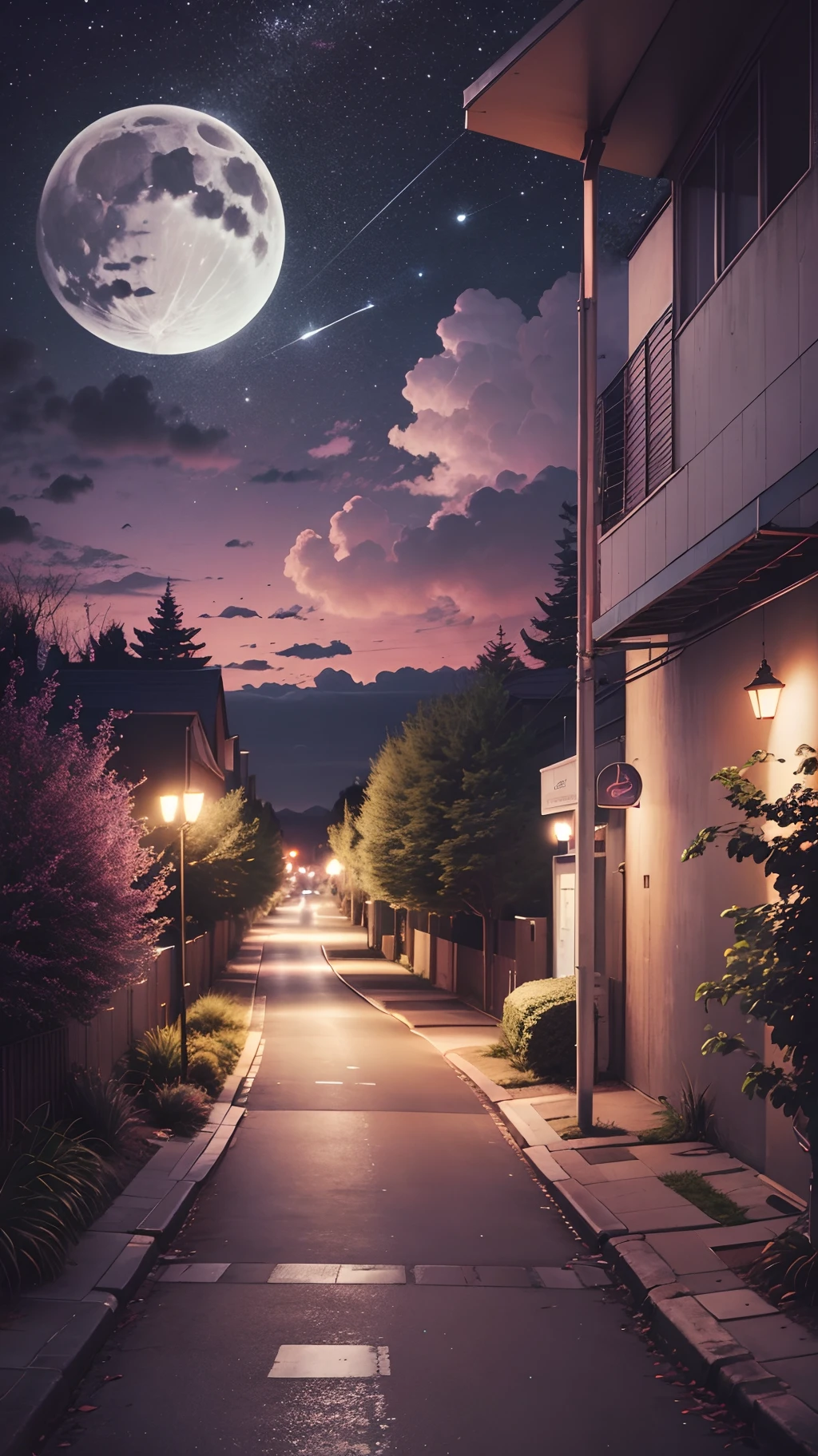 Street, spring, dark pastel red fuchsia  grey white black beige colors, trees, flowers around, road, cars, night outside the window, night, moon, clouds --auto --s2