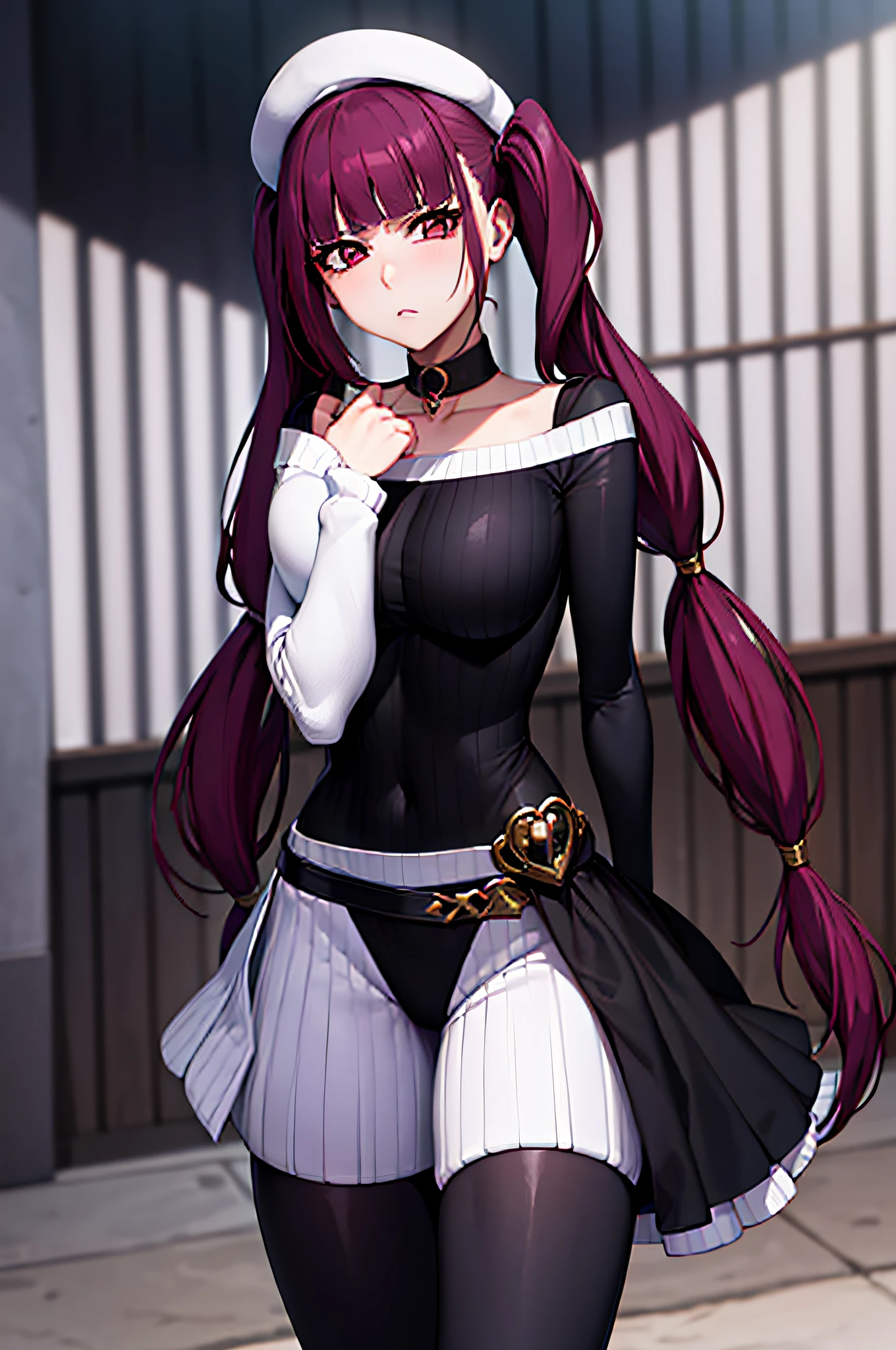 "Portrait of Riruka Dokugamine in her 20s, showcasing outstanding craftsmanship and unparalleled quality. She is seen wearing a plain tight black shirt and tight white pants, medium breast, her hair put up in twin tails, Her expression radiates a cute shyness."