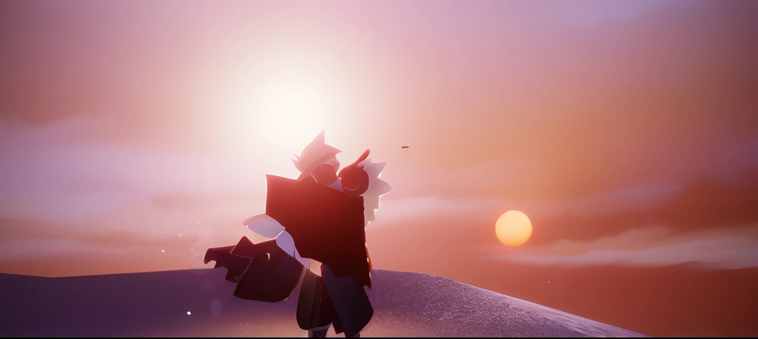 The two hugged,Red headphones,the setting sun