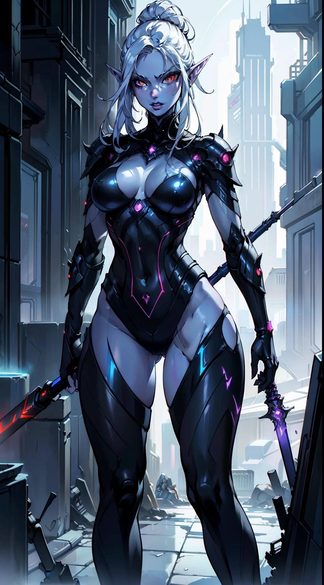 1girl, sexy drow, dark purple-blue skin, pale silver hair bun, ((red eyes)), elf ears, wears sexy cyberpunk sorceress ((white bodysuit)), high heels, wields ((cyberpunk staff)), casts ((light magic)), posing on a busy cyberpunk streer, athletic, volumetric lighting, best quality, masterpiece, realistic, anatomically correct, (strong cinematic lighting), stunning details, intricate details, 8k post-production, High resolution, super details, trending on ArtStation, sharp focus, depth of field f/1.8, studio photos, ((looking at camera))