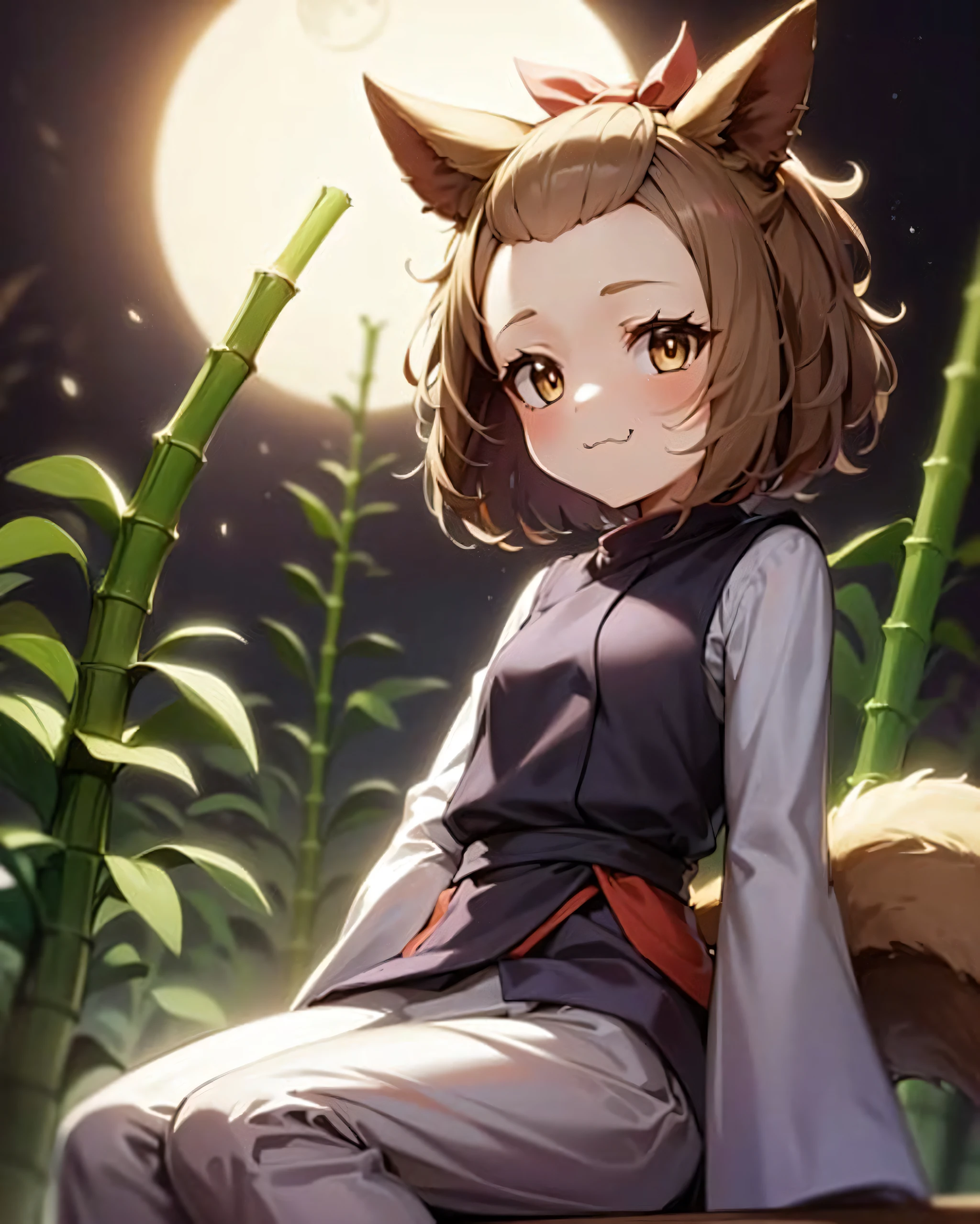1girl, brown hair, brown eyes, bangs pinned back, forehead, animal ears, animal tail, very long sleeves, petite, kimono, :3, smug,
outdoors, night sky, moon, bamboo,