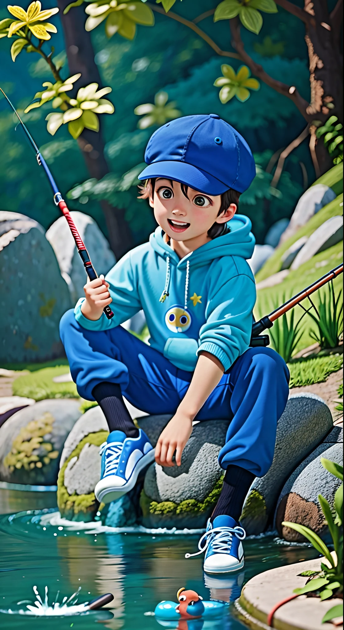 Exit in a seated position,A sitting boy,Wearing a peacock blue sweatshirt,Black pantsuit,blue cap,white shoe,Fishing,Fishing rod in hand,astonishment,cheerfulness,Rejoice,Small riverside,The river is clear,Perfect quality,Clear focus(Clutter - home:0.8), (tmasterpiece:1.2) (realisticlying:1.2) (Bokeh) (best qualtiy) (detailedskin:1.3) (complexdetails) (8K) (detailedeyes) (Sharp focus),(having fun)