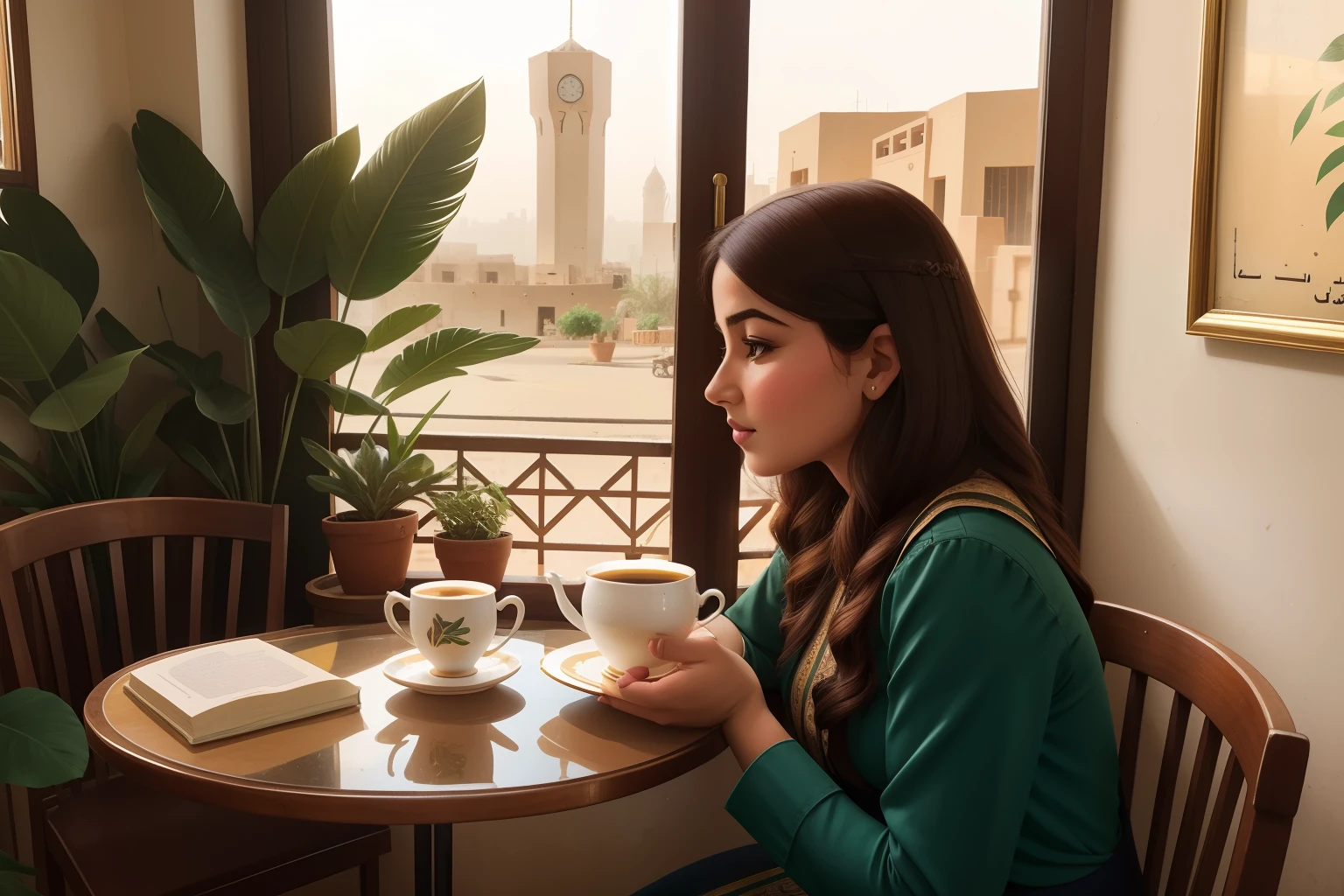 Year: 2020
Country: Iraq
Description: In a charming café in Erbil, a young woman sits at a table adorned with vintage teacups and books. Her contemplative gaze through the window is framed by lush plants and warm sunlight, capturing the essence of a calm moment in the bustling city.