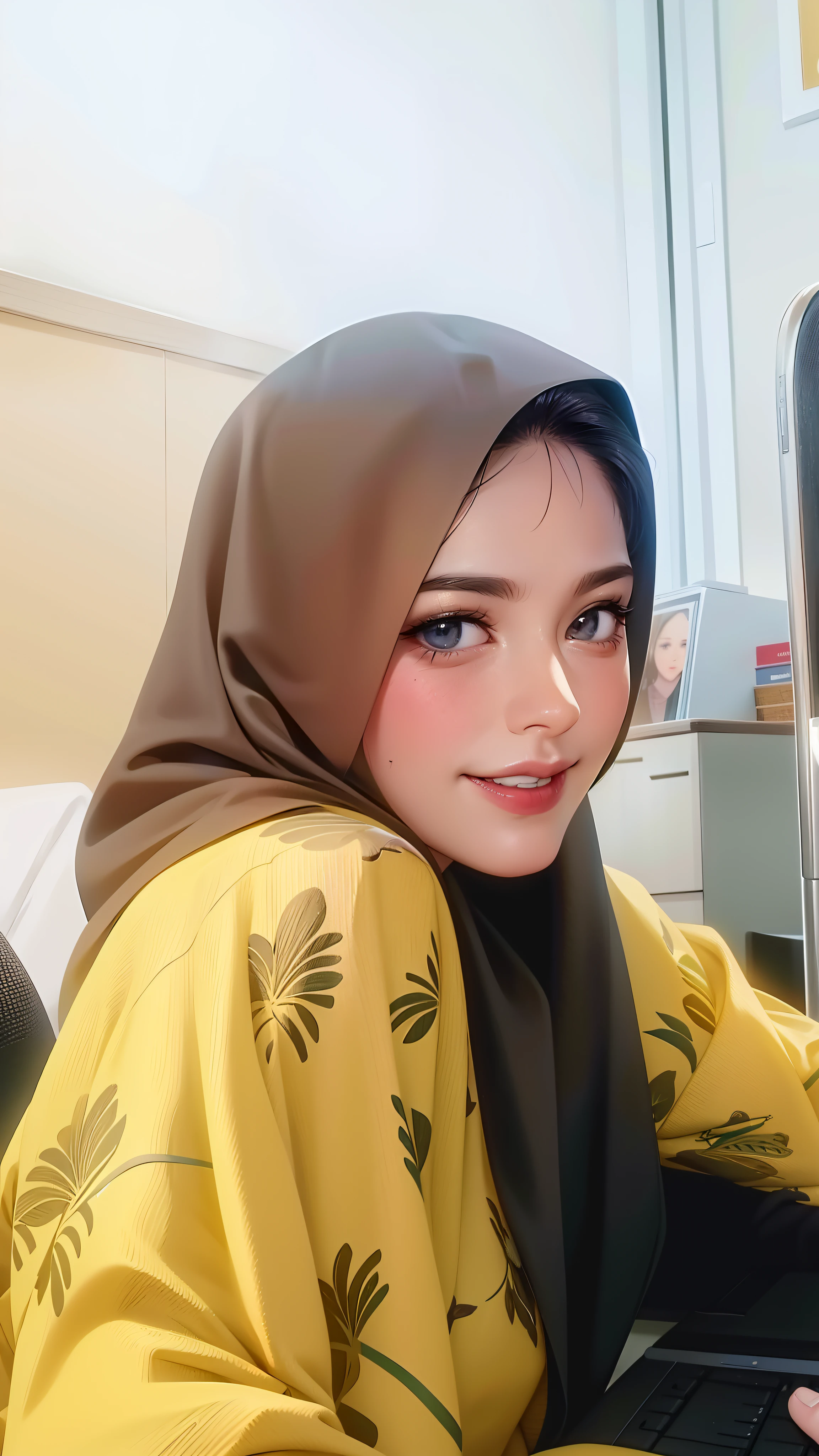 there is a woman sitting at a table with a laptop computer, faridah malik, picture, friedly smile, close up potrait, old picture, with accurate face, inspired by Nazmi Ziya Guran, selfie photo, inspired by Basuki Abdullah, potrait, protrait, inspired by JoWOnder, foto, friendly smile, sie boob, anime style, textured skin, masterpiece, best quality, highres, 1080P, HD, 4K