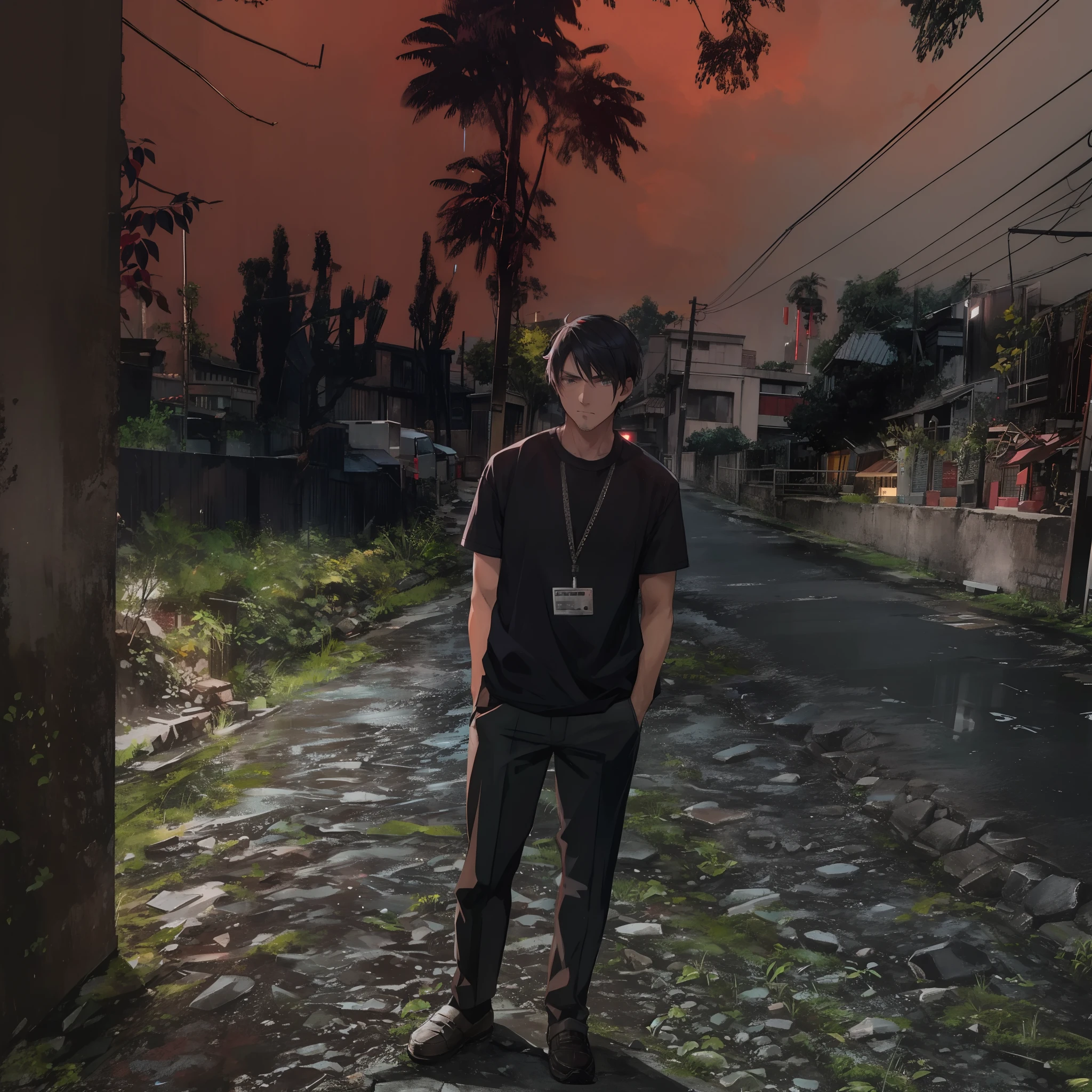 A man, sharp short hair, wearing a casual cloth, standing in a narrow alley alone, night, badass, mascular, his face is dark anime background