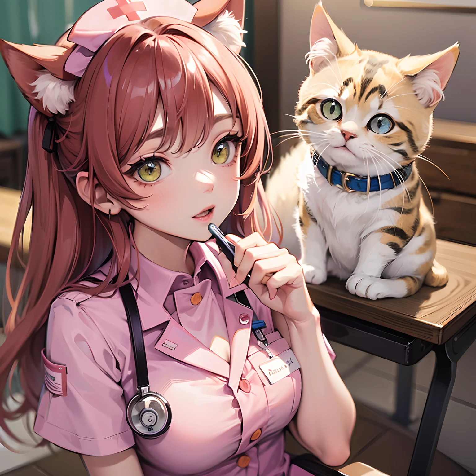 Cat ears nurse wearing pink nurse uniform chestnut hair、Pixiv Fan Art