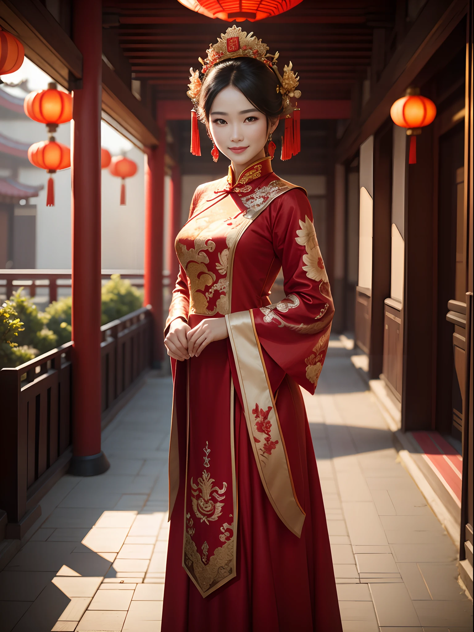 (Best quality: 1.1), (Realistic: 1.1), (Wedding: 1.1), (highly details: 1.1), 1 rapariga,mier,Stand in front of a Chinese-style building, closeup of face,Clear facial features,Happy smile, The woman wears a red-gold ancient long dress,with a crown on her head, (cowboy lens:1.5),Chinese courtyard in the background,Red lanterns,Super clear,8K