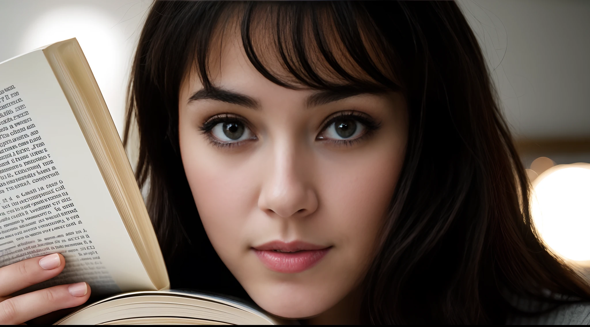 instagram photo, closeup face photo, A reflective portrait of a woman with an open book, her thoughts intertwining with the literary characters, Canon EOS R6 with 85mm f/1.4 lens, warm studio lighting, introspective literature photography.
